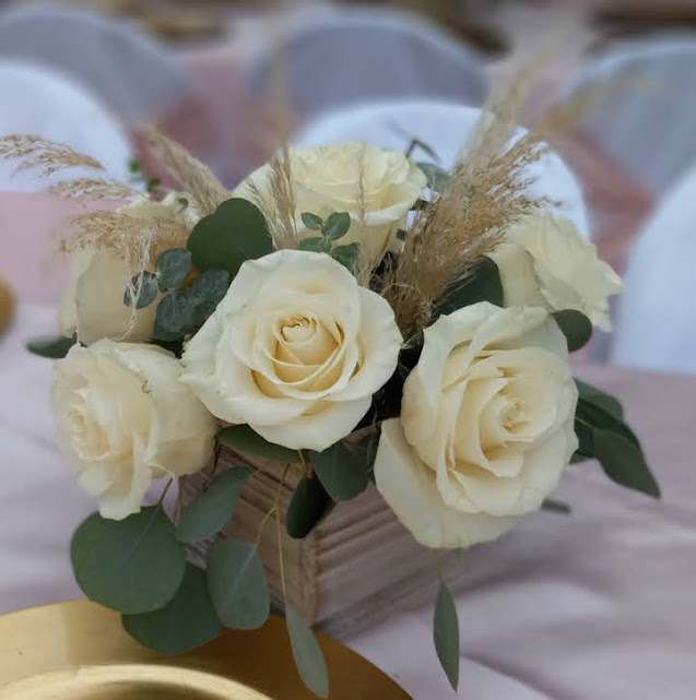 WOODEN BOHO ARRANGEMENT - WHITE ROSES WITH EUCALYPTUS AND A LITTLE TOUCH OF PAMPAS GRASS IN A WOODEN BOX