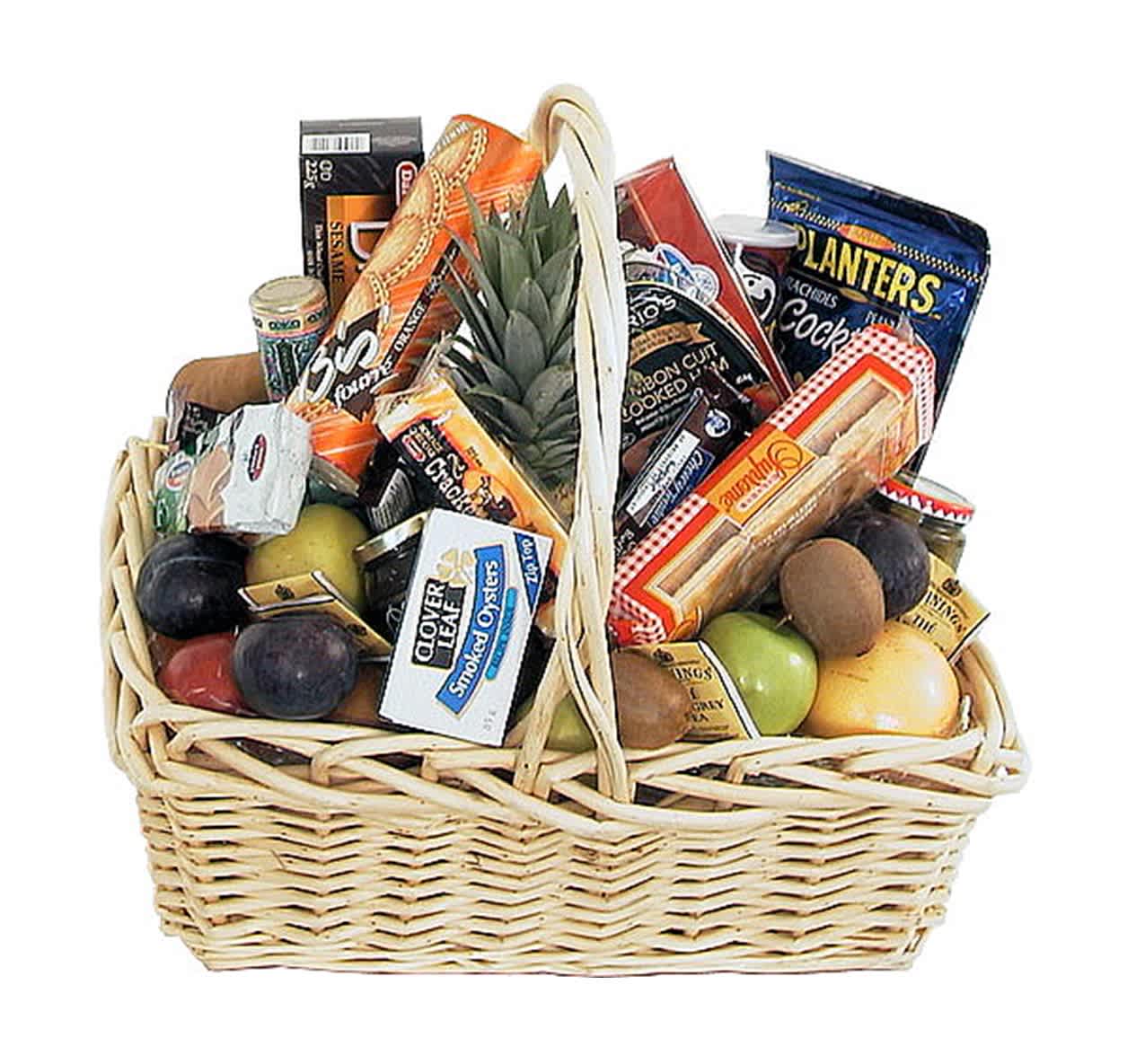 The Party Pleaser - This basket is not to be taken lightly.  It is filled with a wide variety of items from fruit to pickles, cheese to nuts, cookies to tea...and a few other categories of snack foods.  This mixture of items is the perfect gift for almost anyone and for almost any occasion.  It's sure to be a party pleaser.  Where an item that normally comes in the basket is not available, we will replace it with another item of the same or greater value.