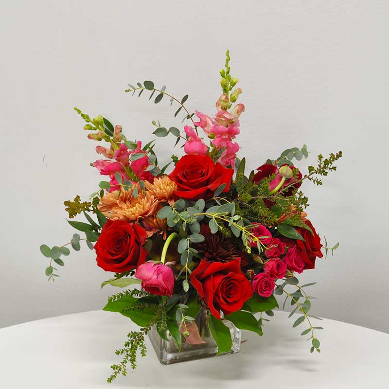 KV2402  SWOON - &quot;Prepare to be swept off your feet by our captivating creation! Picture this: delicate light pink snapdragons, radiant ranunculus, and charming spray roses providing the perfect backdrop for the star of the show—romantic, deep red roses, all elegantly arranged in a sleek 5&quot; glass cube. But wait, there's more! Adding a touch of sophistication, leucadendron and pinky brown cremones create a clever contrast, while a medley of textural foliage brings balance and depth to this modern classic. It's not just a bouquet—it's a symphony of beauty and style that demands attention. Don't miss out on this masterpiece that's sure to leave a lasting impression! &quot;