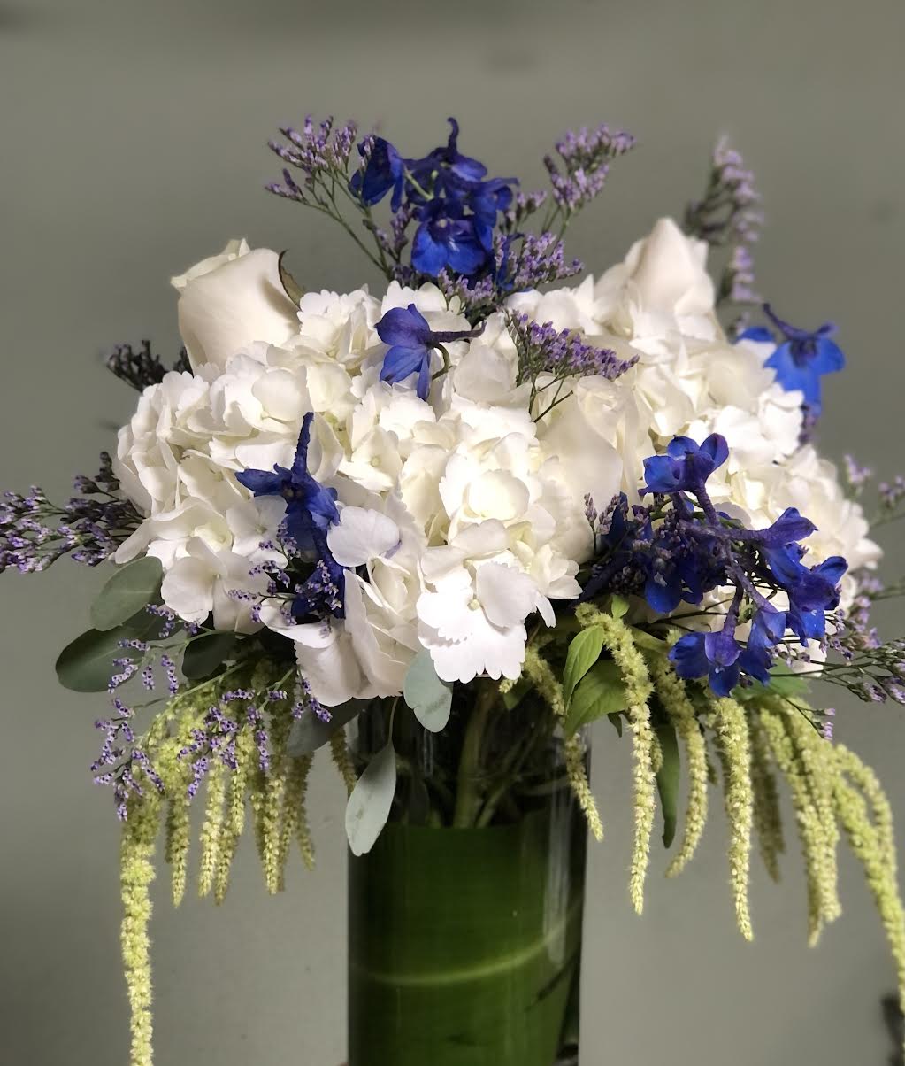 To bright your day - Blue delphinium, hydrangeas, Amaranthus Misty Blue, in glass vase