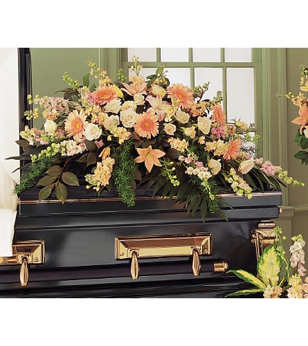 Peach Comfort Casket Spray - Since peach is one of the most naturally comforting colors this half-couch spray is sure to provide plenty of comfort to all those who care. A half-couch casket spray is delivered decorated with peach gerberas larkspur lilies roses stock and camellia along with emerald palm and sprengeri.