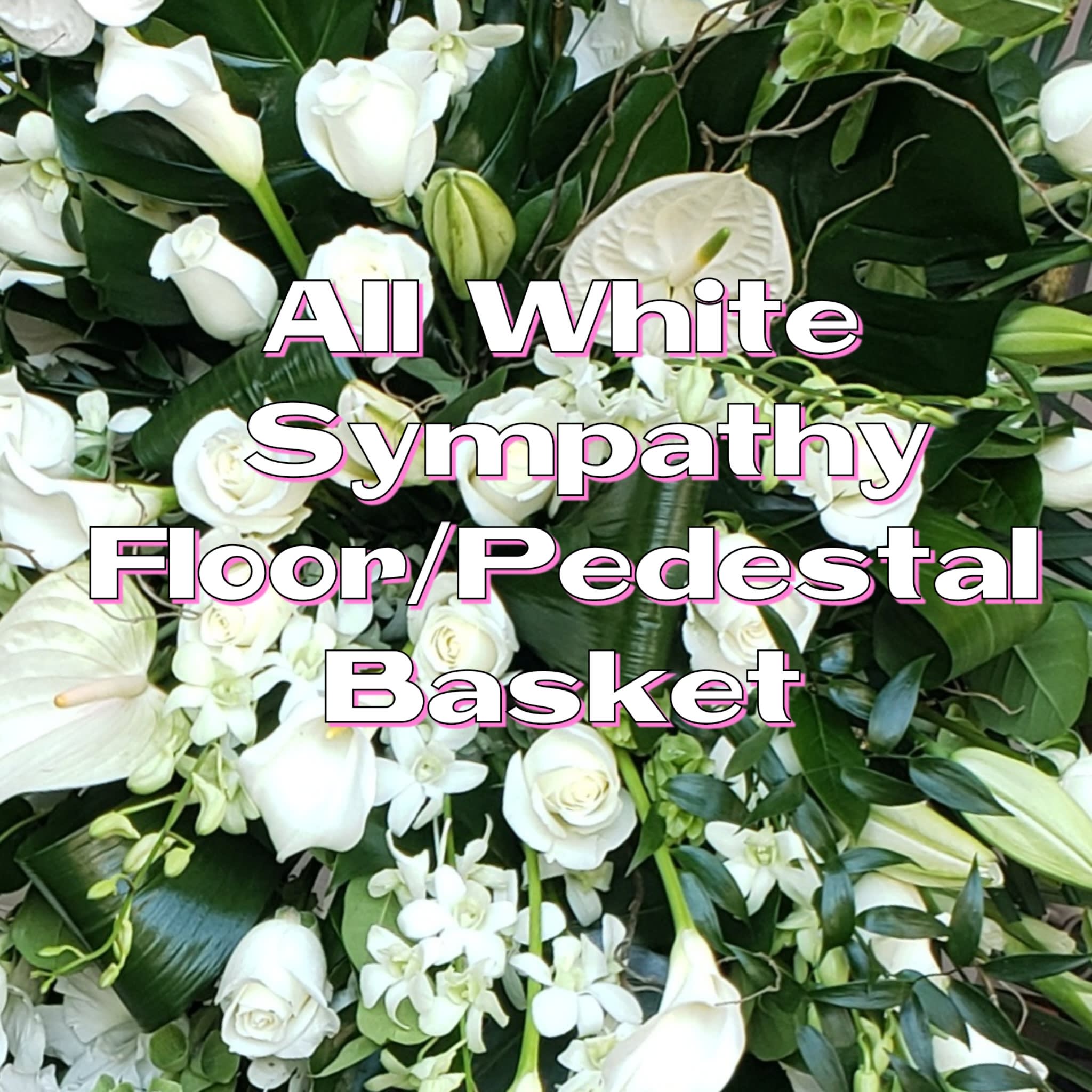 All White Sympathy Floor/Pedestal Basket - Not sure what to send. Let us take make a very special funeral arrangement for you. This design will be a beautiful and thoughtful in an array of all white flowers, greens and fillers using the season's best flowers. We will design the arrangement according to the size you have chosen standard, deluxe or premium. Arrangement is delivered in a basket or mache basket for display.