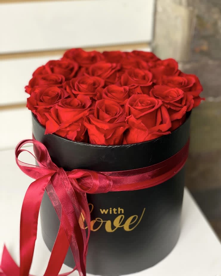 Red preserved roses in a box - 15-17 red forever roses in tall black box 