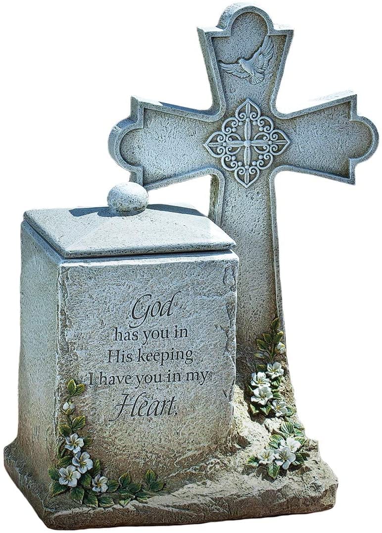 Roman Joseph Studios Memorial Box with Cross & verse 14" H Roman Joseph Studios Memorial Box with Cross & verse 14" H - Cherish the memories of loved ones with this memorial box. This memorial garden statue will make a thoughtful addition to the special indoor or outdoor area to provide a long-lasting memorialization of loved ones.