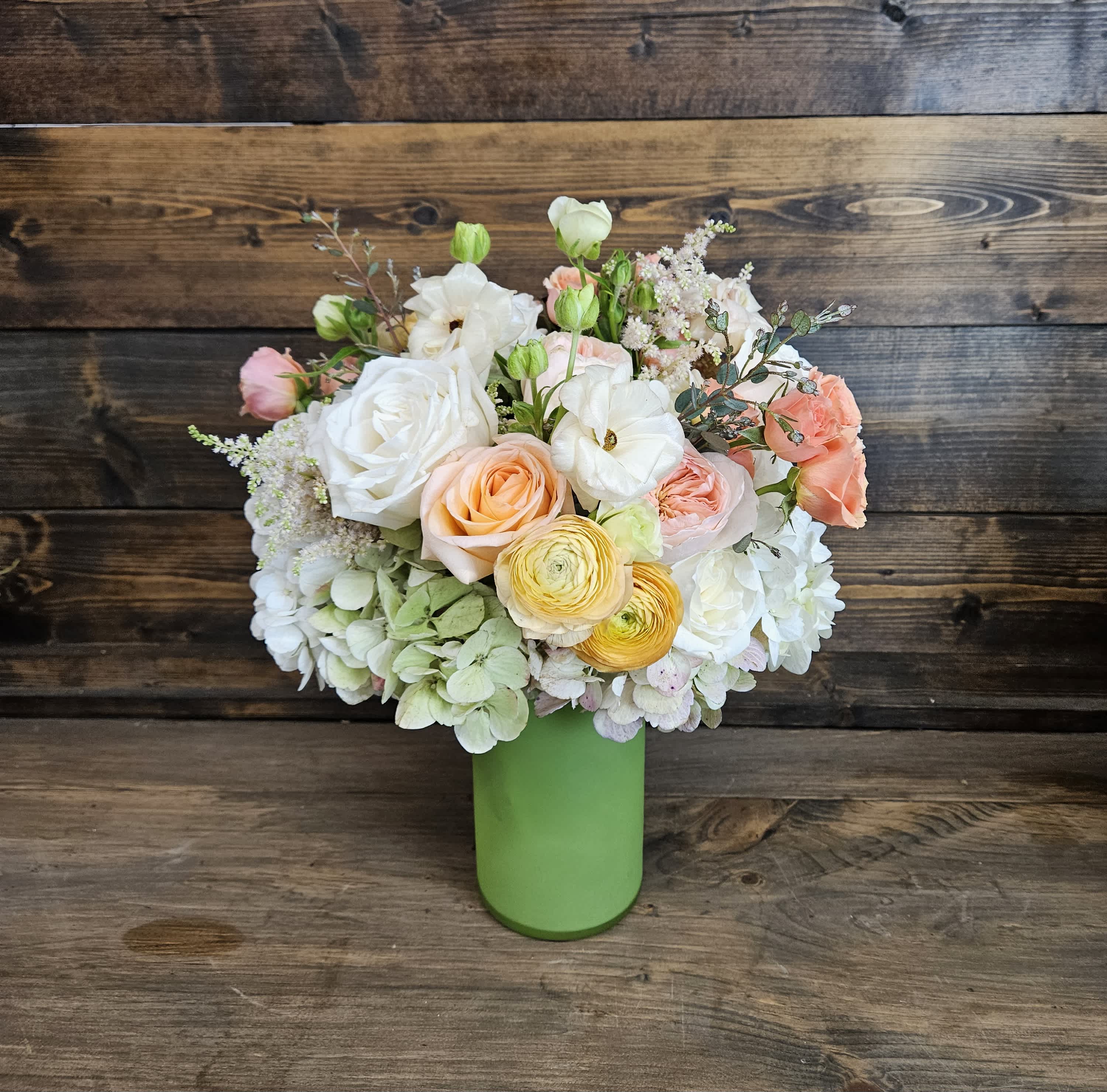 Sunny Blossoms - This &quot;fresh from the garden&quot; arrangement features Garden Roses, Ranunculus, Hydrangea, and Astilbe.
