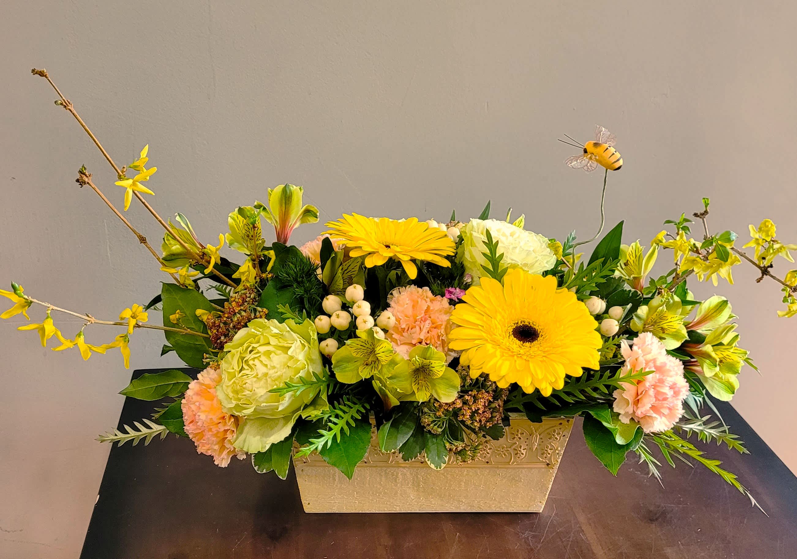 Butterfly Box in Yellow  - A uniquely crafted trough box with butterfly motif in hammered tin holds an even more uniquely designed arrangement of  Lisianthus, Alstroemeria, Sweet William, Gerbera Daisies, Cottage Yarrow and so much more.  