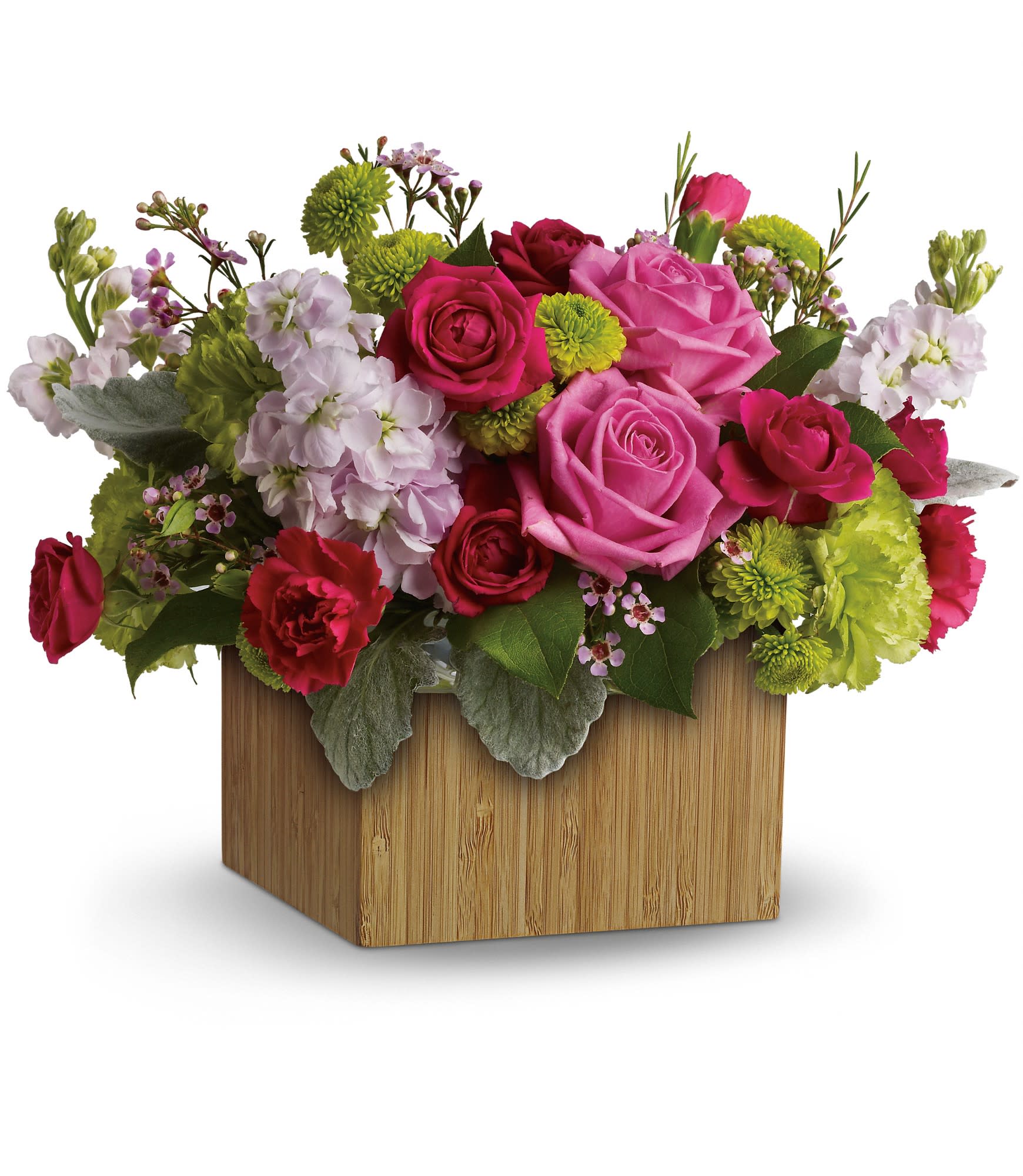 Teleflora's Garden Delights - Put a smile on her face and a spring in her step with this delightful little garden bouquet. Presented in a chic bamboo box, its happy hot pinks and lovely lime greens give a colorful pick-me-up! 