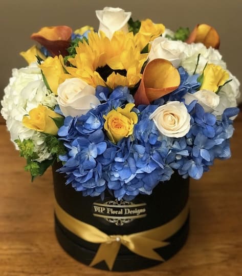 &quot;Charming&quot; Hat Flower Box - White Hydrangeas, Blue Hydrangeas, Yellow Roses, White Roses, Mango mini Calla lilies are arrived arranged in a new european style, hat flower box.