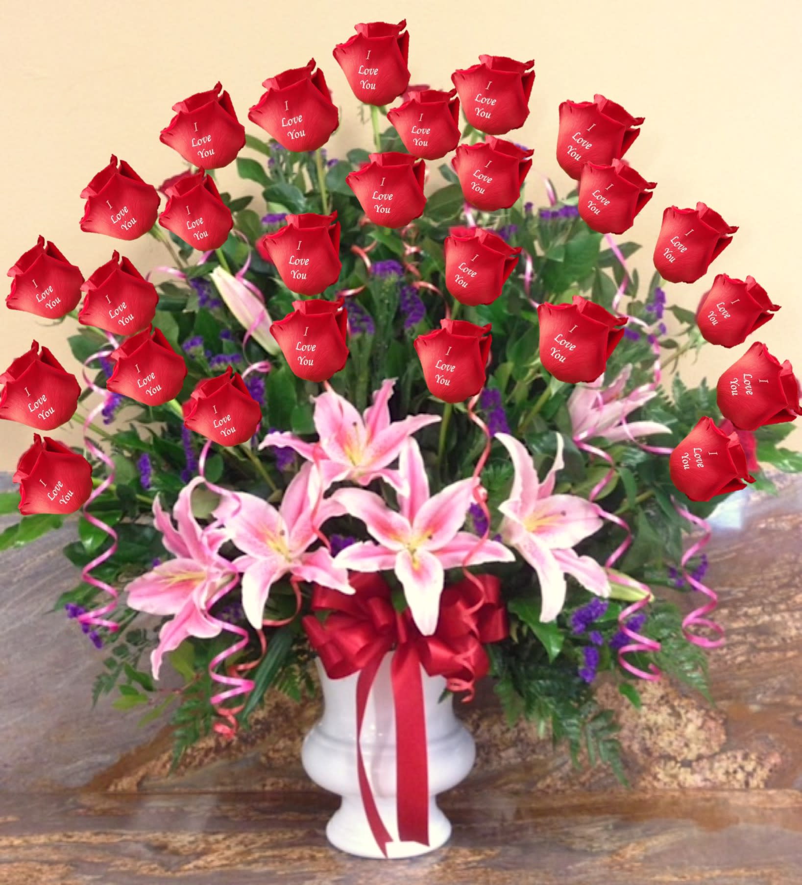 Strong Attraction - Romance is an emotional feeling of love for another person. This gorgeous large flower arrangement with 24 printed roses and stargazer lilies will show your emotions and fillings without saying anything more.