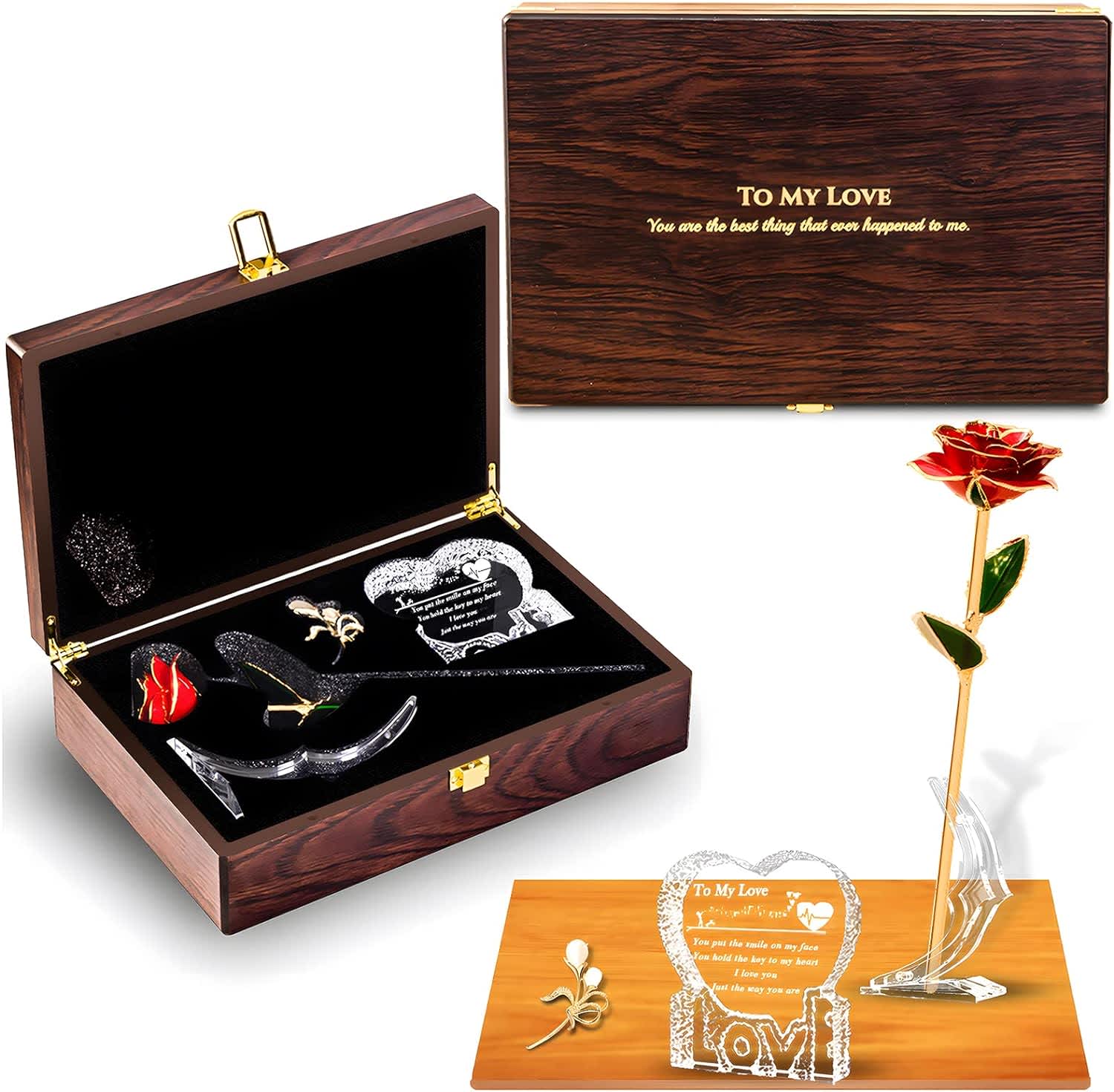 Engraved Wooden Love Gift Set  - About this item Wood Best Gift Set For Your love - This valentines gift for your love features a Wooden Box with Design: 'To My love, – You are the best thing that ever happened to me. Elegant Wedding Anniversary gift, Birthday gift, Valentine’s gift, Christmas gift for your Wife. 24K Gold Dipped Rose &amp; Rose Stand - 24K gold dipped red rose can be put on rose stand anywhere. Best romantic anniversary gift for her valentines gift for love. Birthday gift for your wife for a rose lover. Crystal Engraved Heart - Crystal Heart, Engraved “You put the smile on my face, you hold the key to my heart, I love you, just the way you are.” The best love for her, the special moments, the best gift for wife from husband. Beautiful Brooch to Your Lover – Whenever she wears the brooch, she feels love, she remembers your highlight moments. The Wedding Day gift, Marriage gift, the anniversary gift, birthday gift, Valentine’s gift, Christmas gift. &quot; Innovation - The romantic rose &amp; rose stand, engraved crystal heart and brooch are well packaged by an elegant engraved wooden box. As a perfect Anniversary gift for her for your lover, it would make your special day much superior.