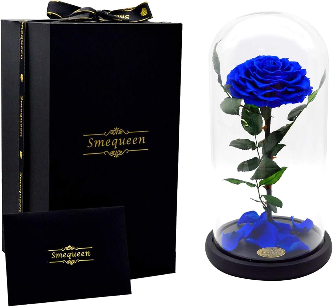 2″H Preserved Blue Rose in Glass Dome - Preserved Roses are different from natural roses as they stay fresh and do not wither. It can be kept for 3-5 years. NEVER Water them, they don’t need any water.  REAL ROSE – Real Rose Petals and Leaves, Real Rose Stem, Real Rose Thorns – A Symbol of True Love. HIGH QUALITY GUARANTEE -We produce NOTHING but REAL rose gifts for your loved one. It comes with a Greeting Card and Gift Package, beautiful and elegant. Size: Dia of rose 3.5-4 “, Glass shade:12.5″x5.9″x6.7″. The biggest size rose on the market.  EASY CARE – Put it in a cool place, it will stay for 3-5 years to forever. Your loved one will have a good mood when she looks at it everyday.