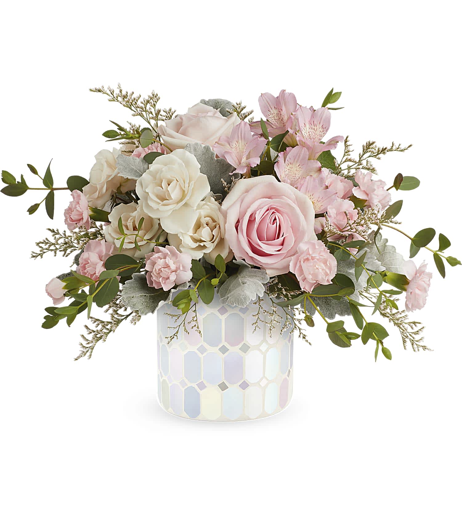 Rosie Skies - Illuminate love with Teleflora's Alluring Mosaic cylinder, embracing soft pastel shimmer and cradling an exquisite bouquet of vibrant pink flowers, a timeless expression of artistic beauty for any occasion.