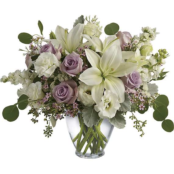 LOVELY LUXE BOUQUET - Luxe in love! Pale lavender roses, creamy white lilies and delicate greens create a soft, romantic bouquet that's as tender as your feelings.  