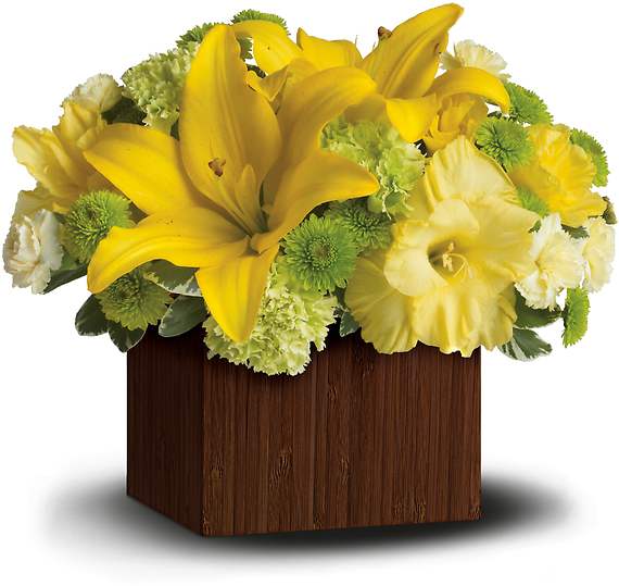 SMILES FOR MILES - Send a burst of sunshine someone's way with this vivacious yellow bouquet! Sure to get smiles from guys and gals, it features lovely lilies, roses, gladioli and mums in joyful shades of yellow and green.  