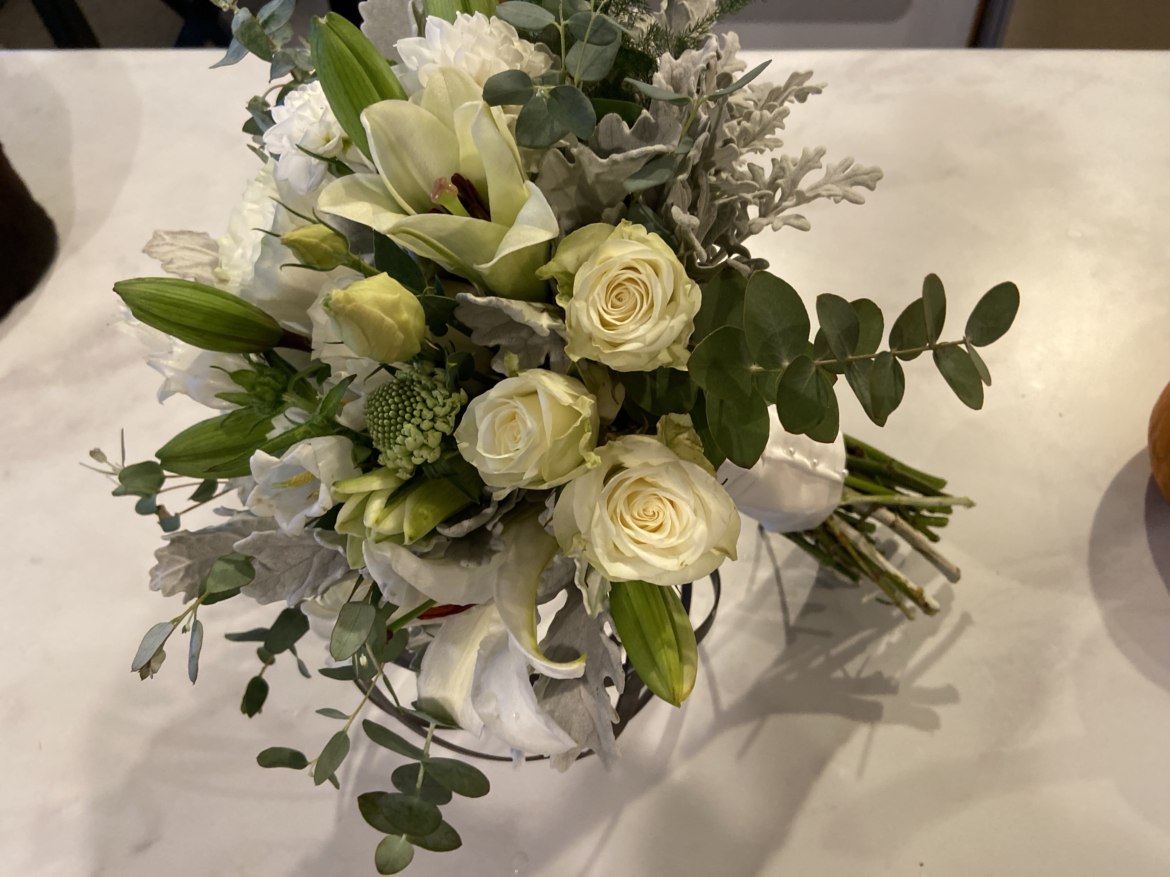Elegant Bridal BQ and Boutonniere -  Hand tied Bridal BQ and Boutonniere roses Lillies and seasonal flowers, also available in other colors! Just ask.