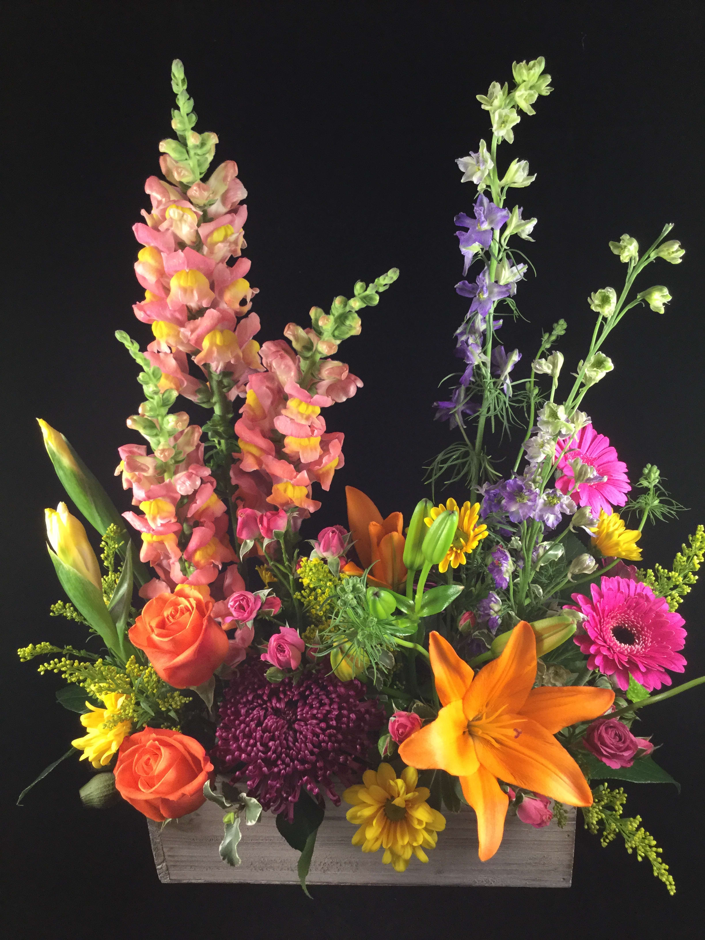 Seasonal Window Box Seasonal Window Box - This delightful arrangement is like a breath of fresh air! Colorful seasonal flowers designed artistically in a trendy rustic wood box.
