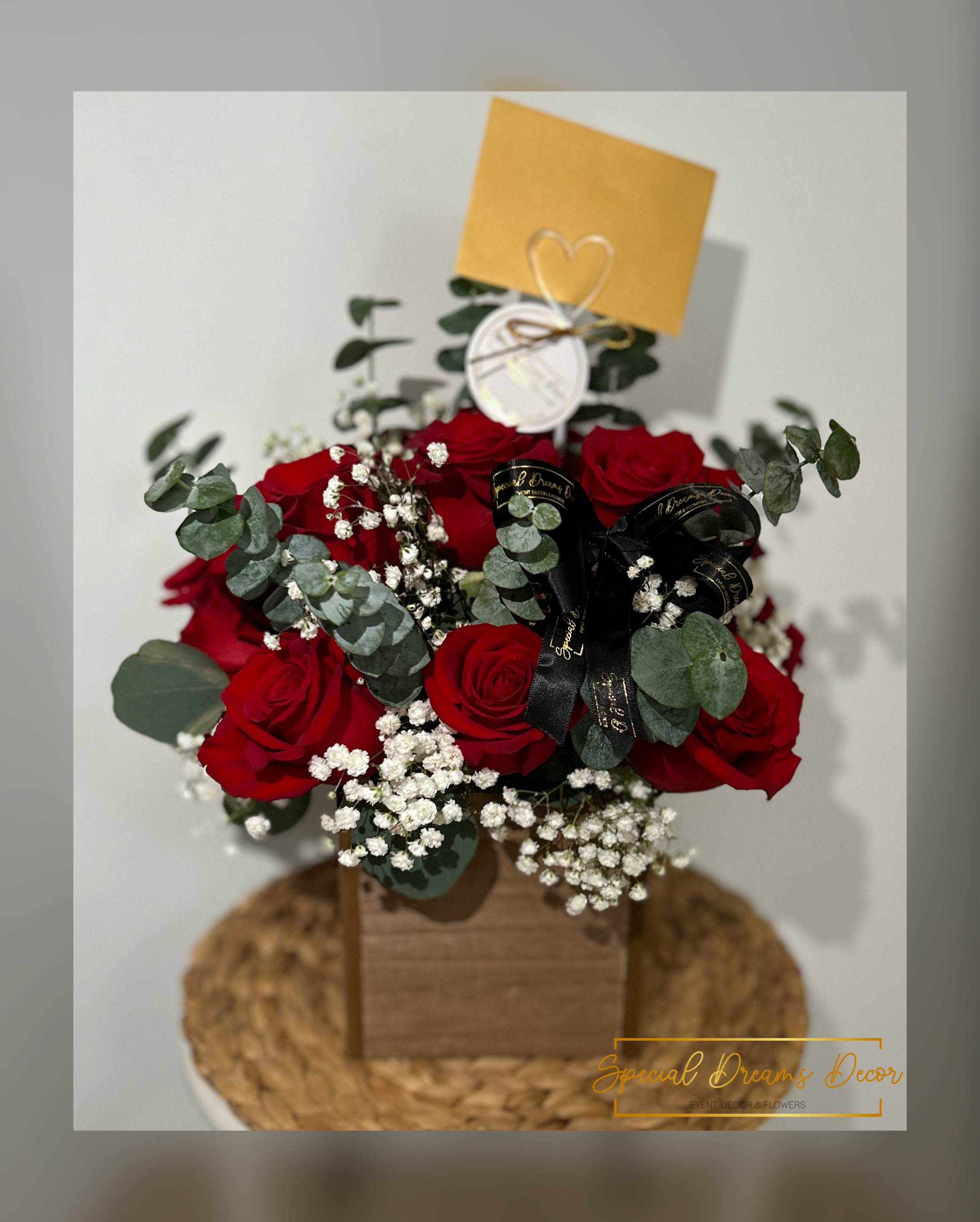 Red roses wooden box  - Red roses, baby’s breath and eucalyptus in a wooden box, just for your special person!