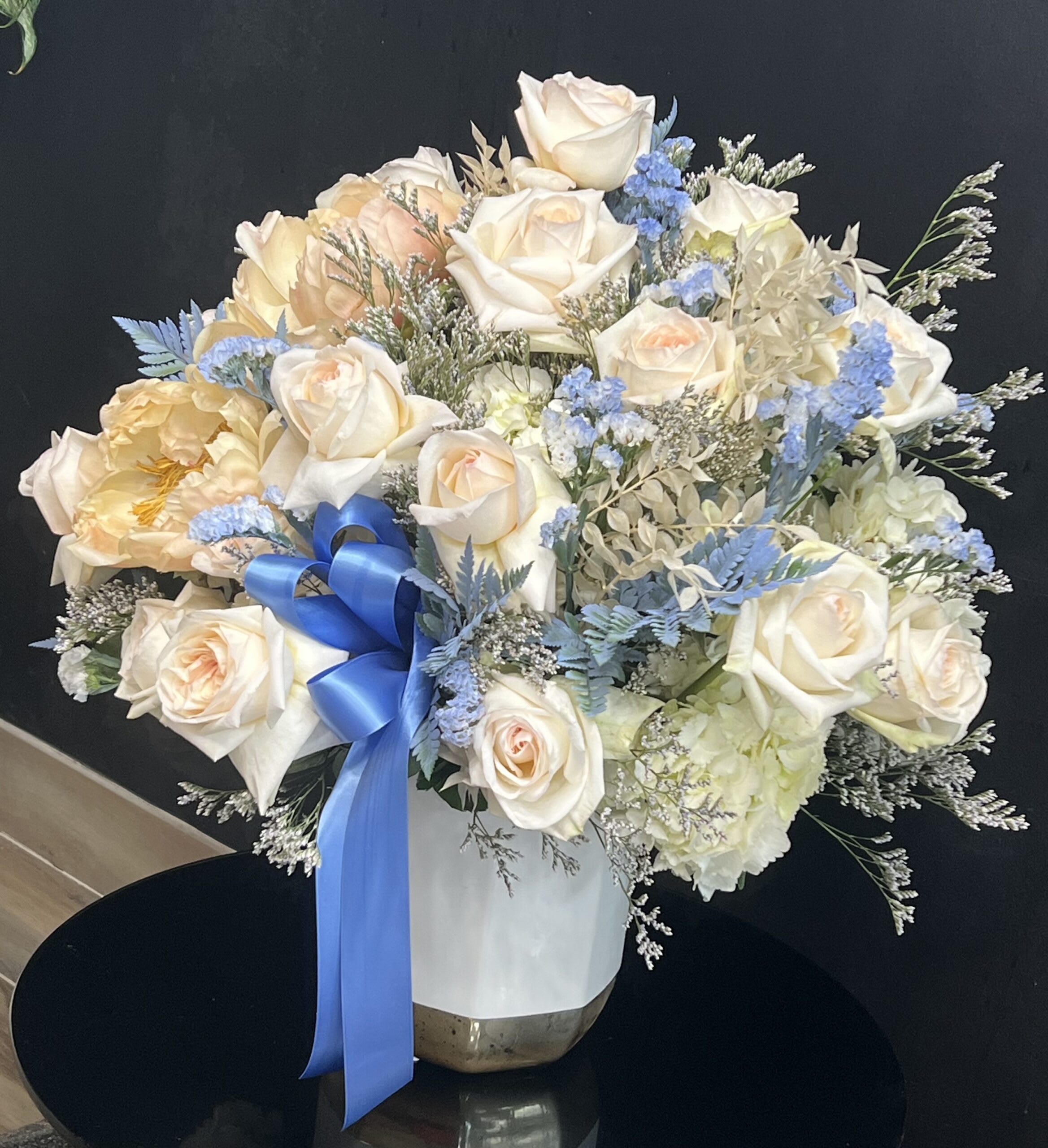 Flamingo - White roses, Peonies, Limonium, White Hydrangeas, ceramic vase