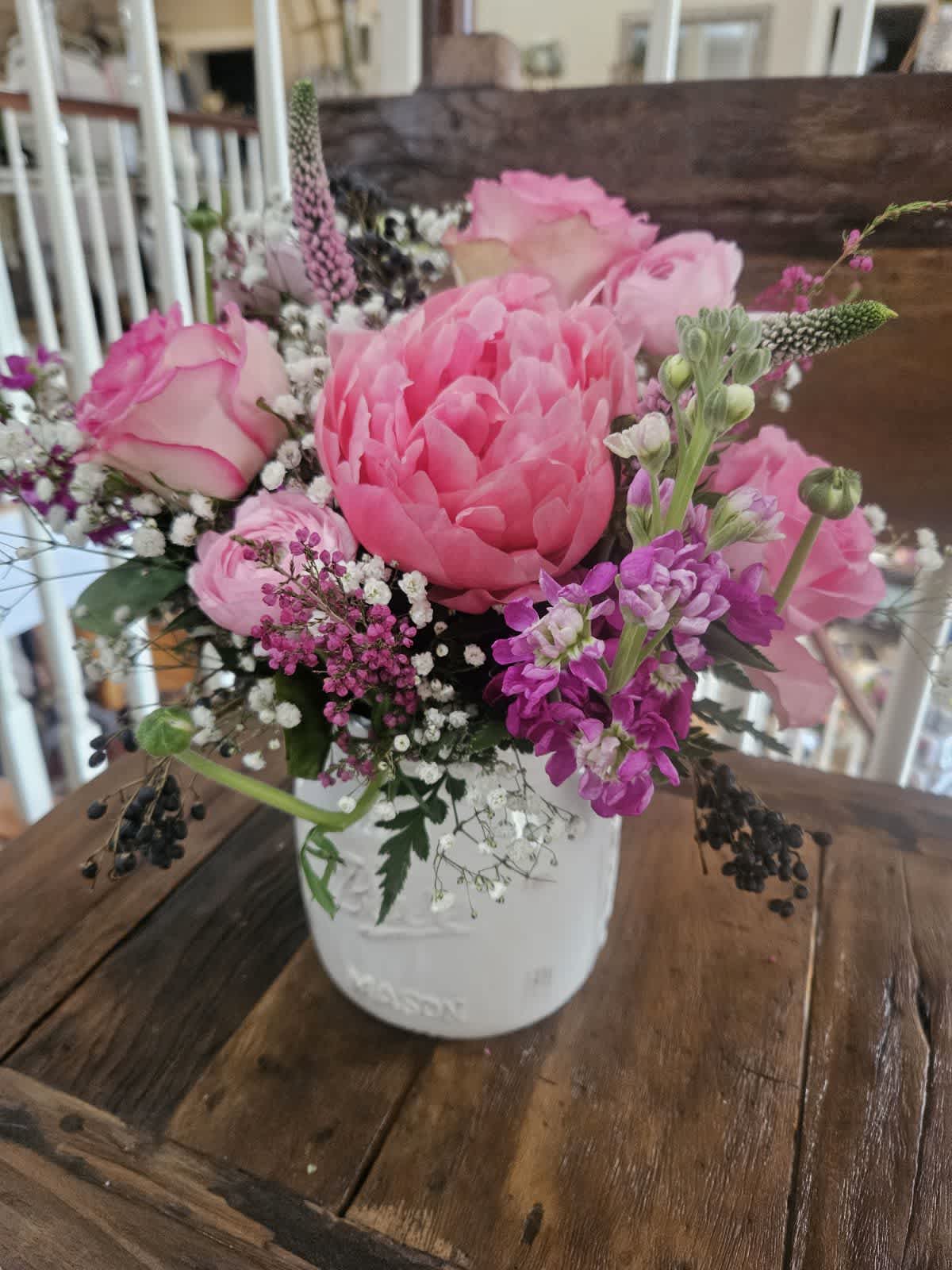  Mom's Pretty In Pink Bouquet - Pink Peonies with oink roses, pink ranunculus, stock and heather arranged in an antique mason jar