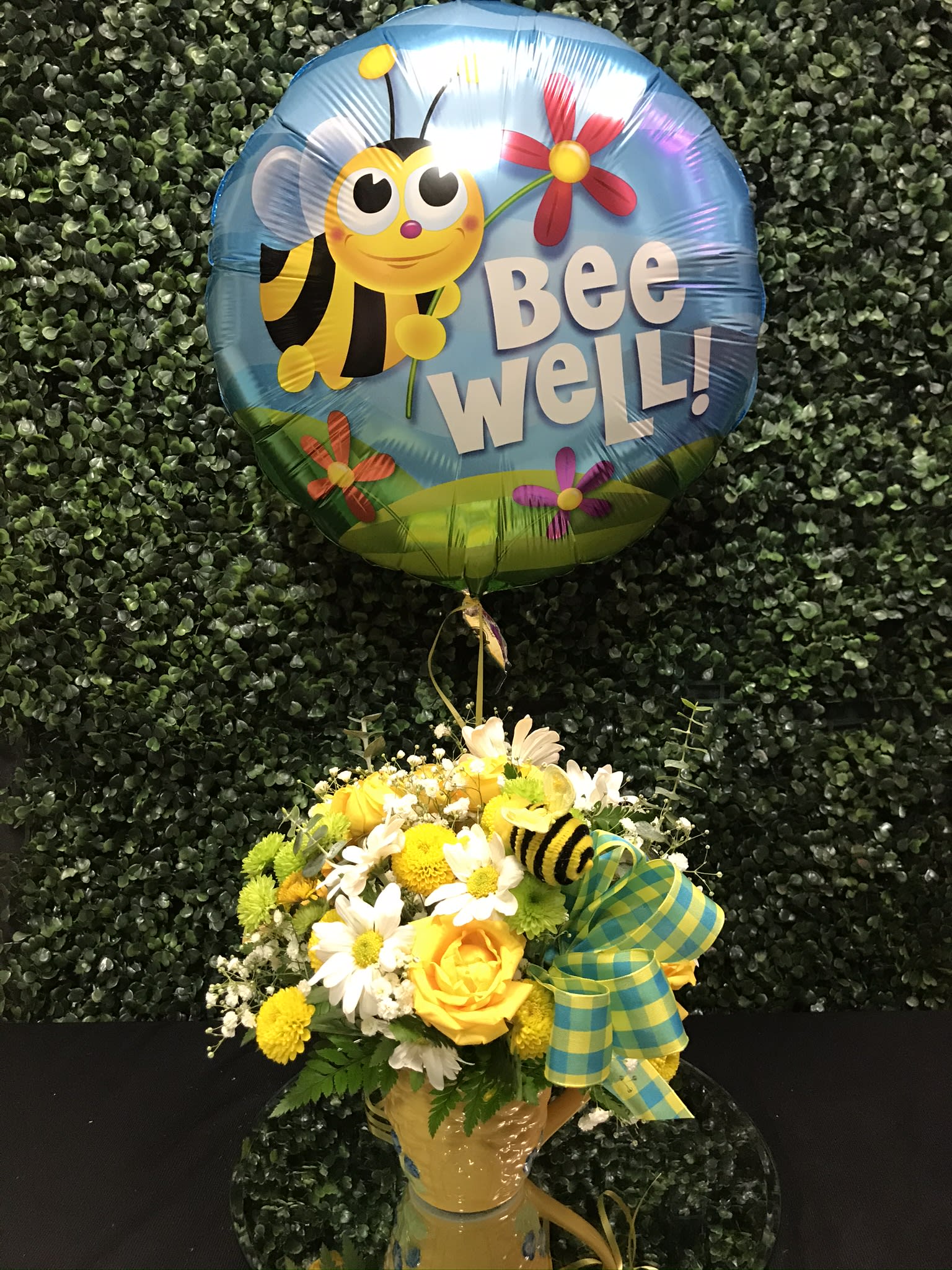 Bee Well Bouquet PLA74 Bee Well Bouquet PLA74 - Includes bee well mylar balloon! Make them feel better with these beautiful, fresh blooms arranged in a cute little coffee mug.