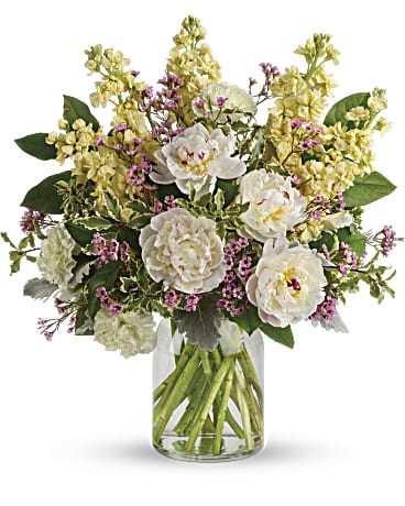 Serene Spring Peony - Chic and serene, this dreamy bouquet of wondrous peonies and creamy blooms in a milk jug vase sends your very best wishes for a stylish spring! This serene arrangement features white peonies, light yellow carnations, stock, dusty miller and greens. Delivered in a clear glass milk jug vase.