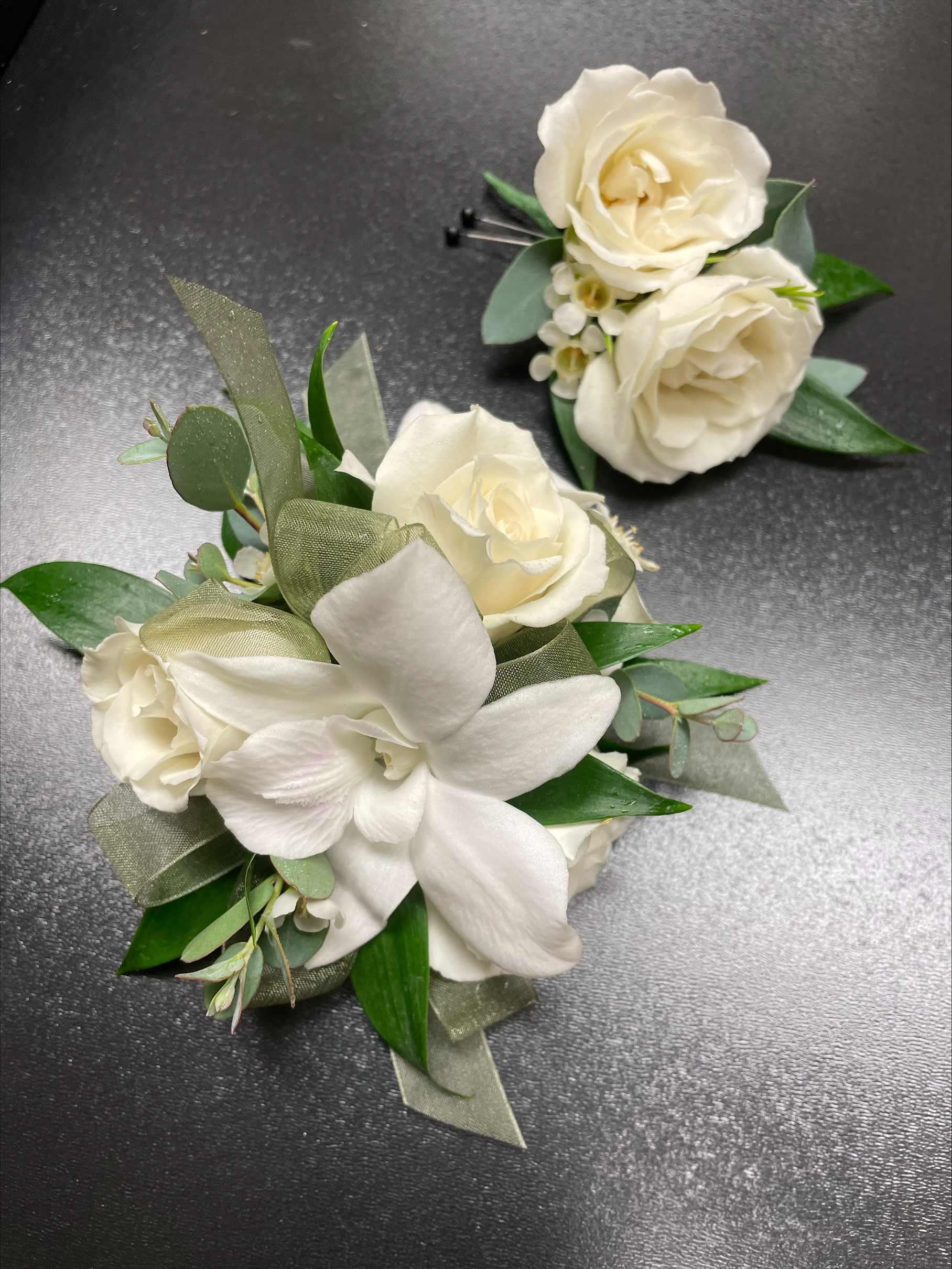Dazzling White Corsage and Boutonniere - Dazzling White Corsage and Boutonniere