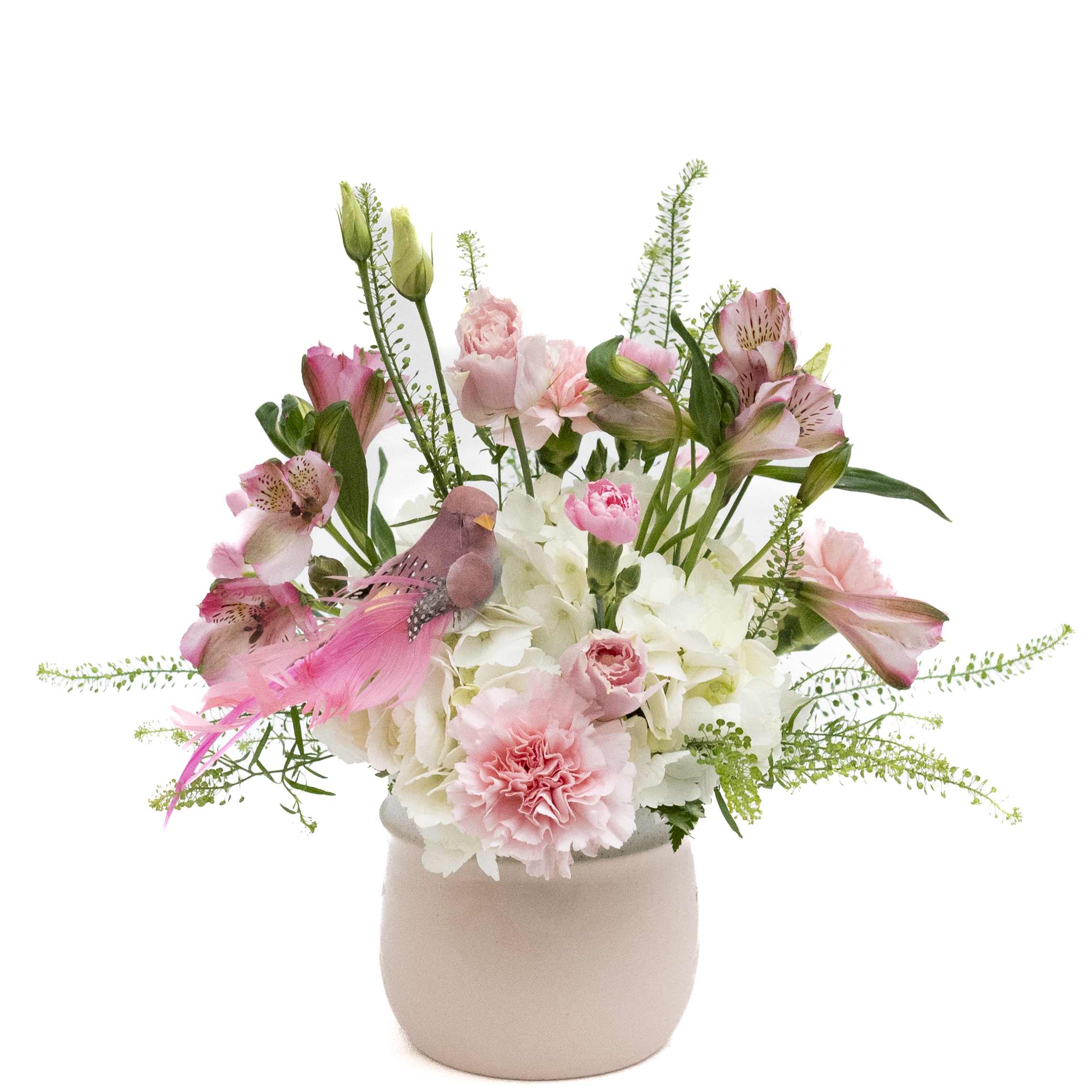 Sweet Mommy - Approximate Size: 11&quot; x 9&quot; This sweet little arrangement comes in this adorable planter, and features Hydrangea, Lisianthus Alstroemeria ,Carnations, and Mini-Carnations and is finished with a bird.
