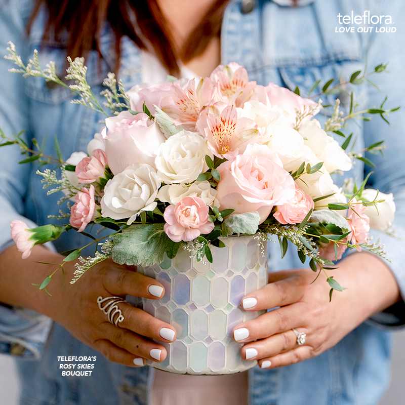 Rosy Skies Bouquet - Illuminate love with the  Alluring Mosaic cylinder, embracing soft pastel shimmer and cradling an exquisite bouquet of vibrant pink flowers, a timeless expression of artistic beauty for any occasion.