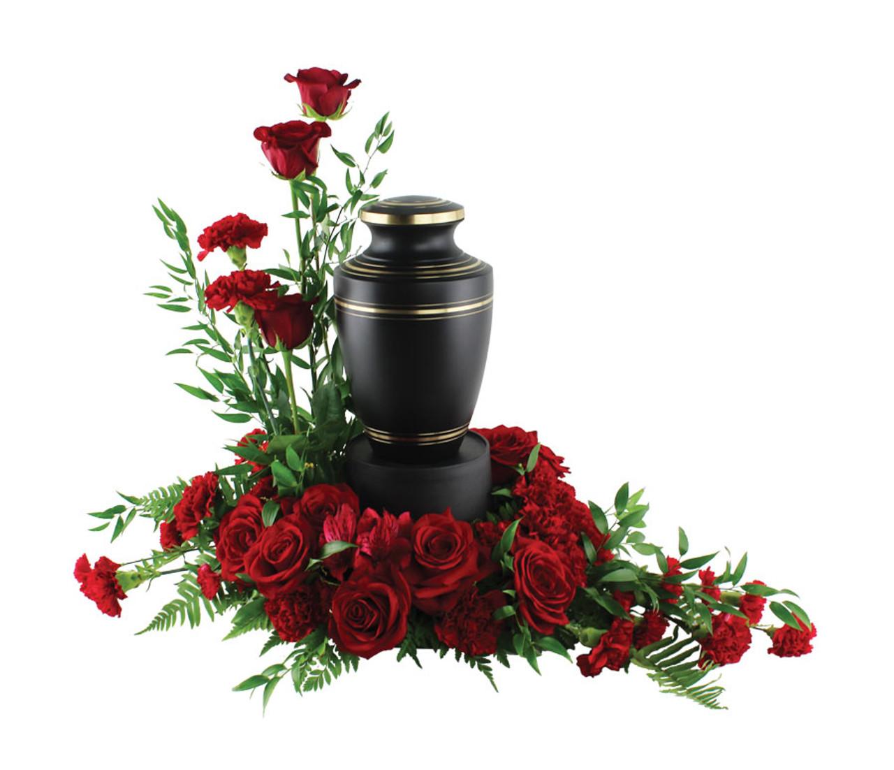 Traditional Red - Simply stunning and sweet smelling, this exquisite cremation urn arrangement brims with fresh flowers, showcasing traditional red roses through nature's beauty and grace. This inspiring arrangement is a truly heartfelt and meaningful gesture of fond remembrance.