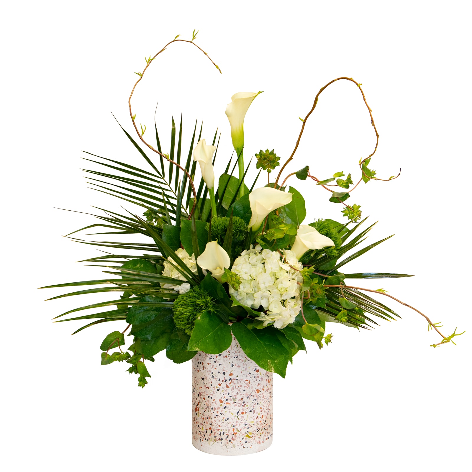 Palmetto - This oasis in the dessert unites the beauty of White Callas, Delicate Hydrangeas, &amp; mixed textures like Trick Dianthus and Curly Willow. Featuring our beautiful Terrazzo Pot, this soft &amp; sympathetic arrangement is perfect for the home or service.