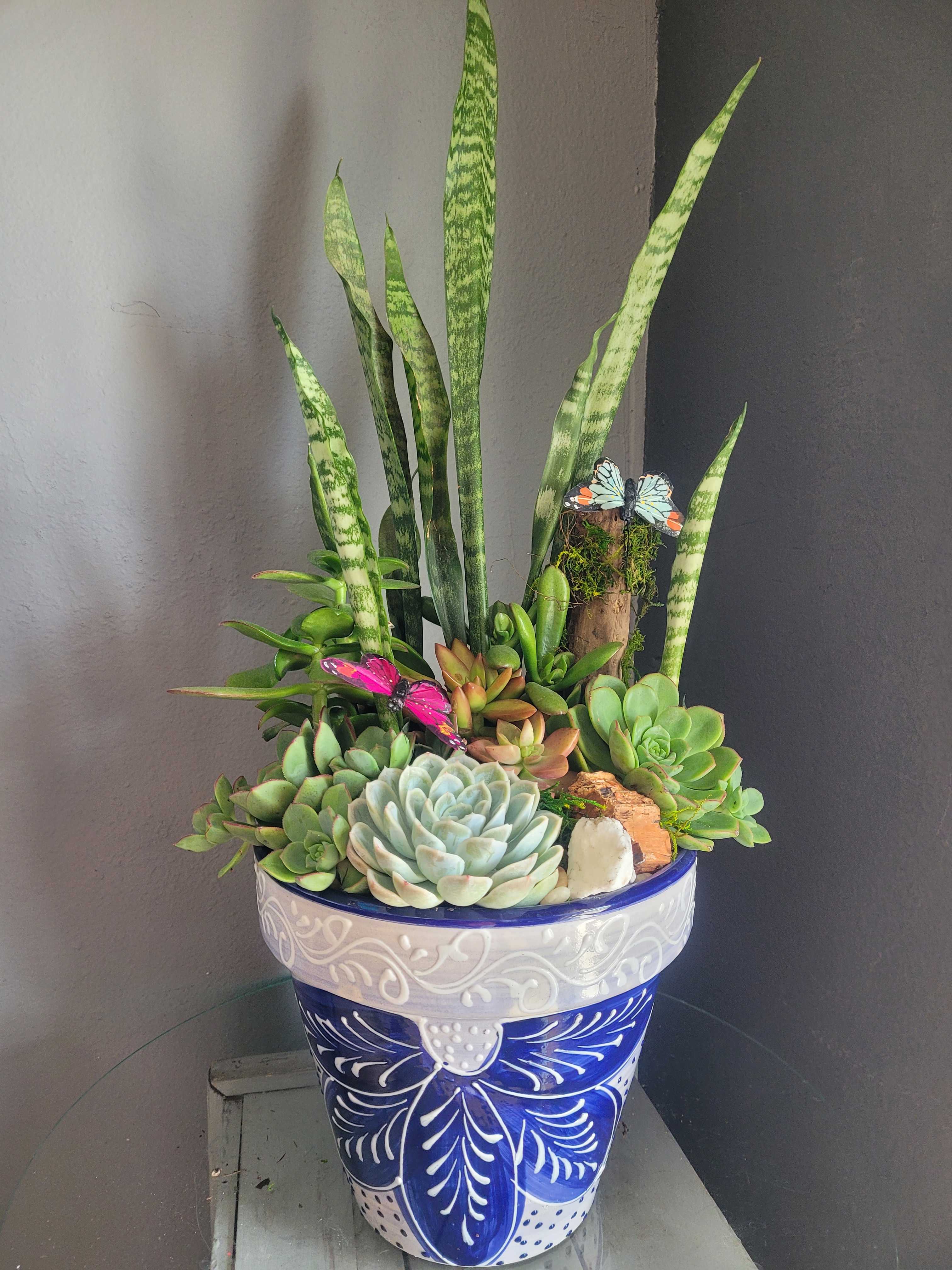 Large Blue and White Talavera  - This arrangement in this hand painted Mexican pottery would be a striking addition to any garden, patio or home.