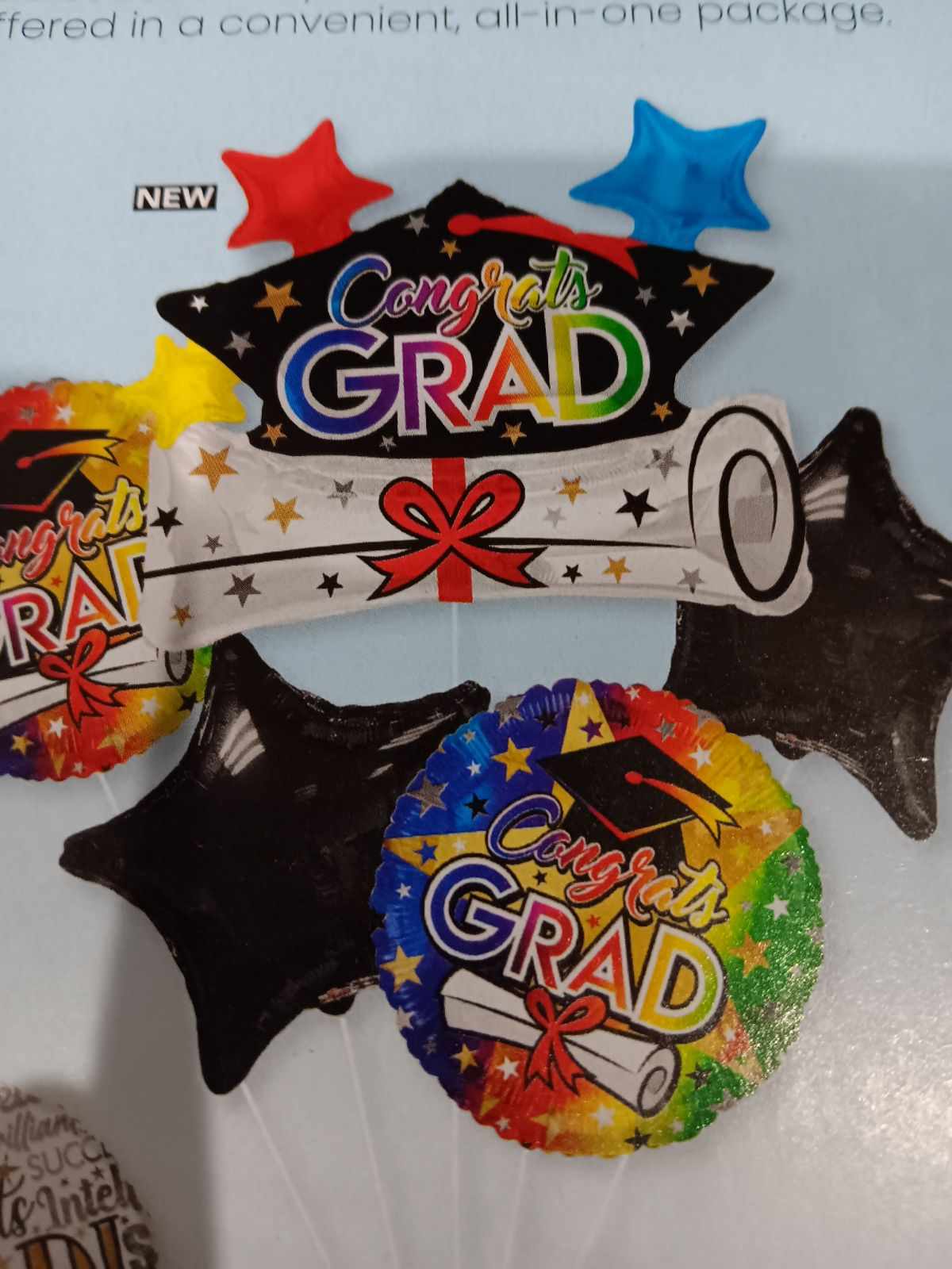 Graduation Helium Filled Mylar Balloon Bouquet - 1- 36in jumbo balloon 2-17in Congrats Grad mylars 2- 18in Black star mylars includes festive table or floor weight