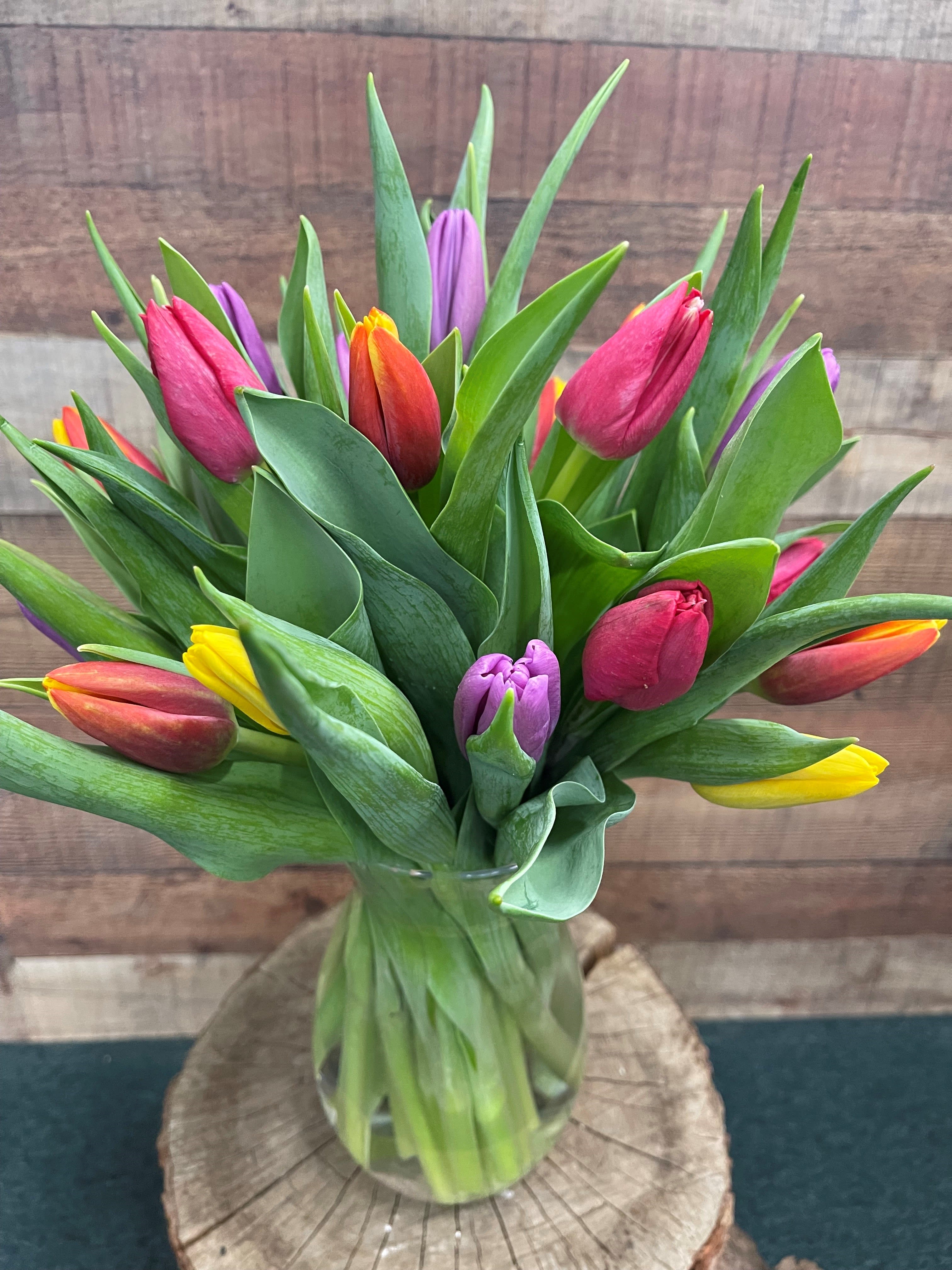 Spring Tulip Assortment - Tulips are a timeless classic that screams spring has arrived! Bright and abundant in a variety of colors, there is no denying why they are often a favorite.  A lovely palette of mixed colored tulips are delivered in a simply clear vase.    