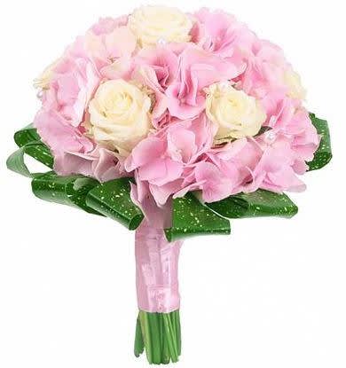  Roses &amp; Pink Hydrangea Wedding Bouquet - Hydrangea is and will always be a favourite flower and the most popular choice when it comes to wedding flowers. They are lush and gorgeous and make a great option for just about any wedding style. The roses with pearls added to the hydrangea add great elegance. 
