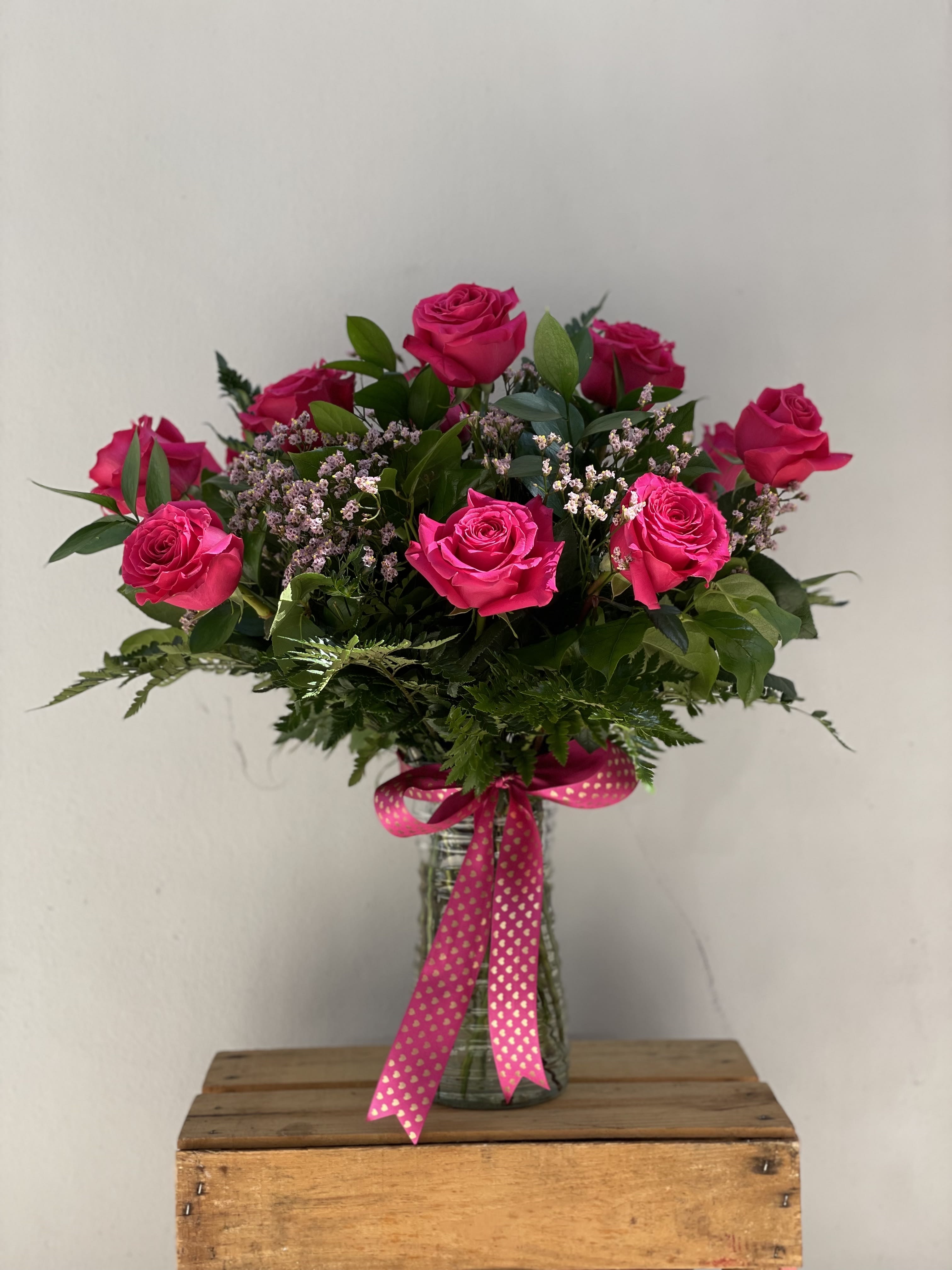 CLASSIC LOVE HOT PINK - Product Information Combination of greenery and best seasonal fillers, with hot pink roses arranged into a perfect bouquet.