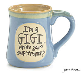 Mug - I'm a Gigi - What's your super power? - Dishwasher safe/FDA approved/Microwave safe. Porcelain hand-painted light blue mug with taupe rim and &quot;I'm a Gigi. What's Your Superpower?&quot; message. Individually gift boxed. 4 3/4&quot; H x 3&quot; Opening. Holds 18 oz.