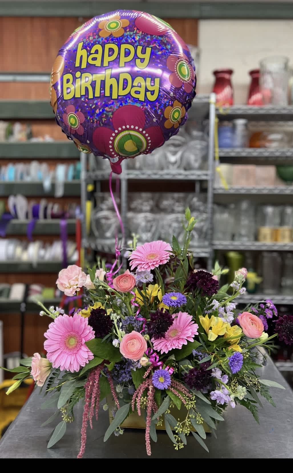 Birthday Surprise  - Gerber daisies, carnations, Mots,fillers,greenery, stock some flowers may vary. 