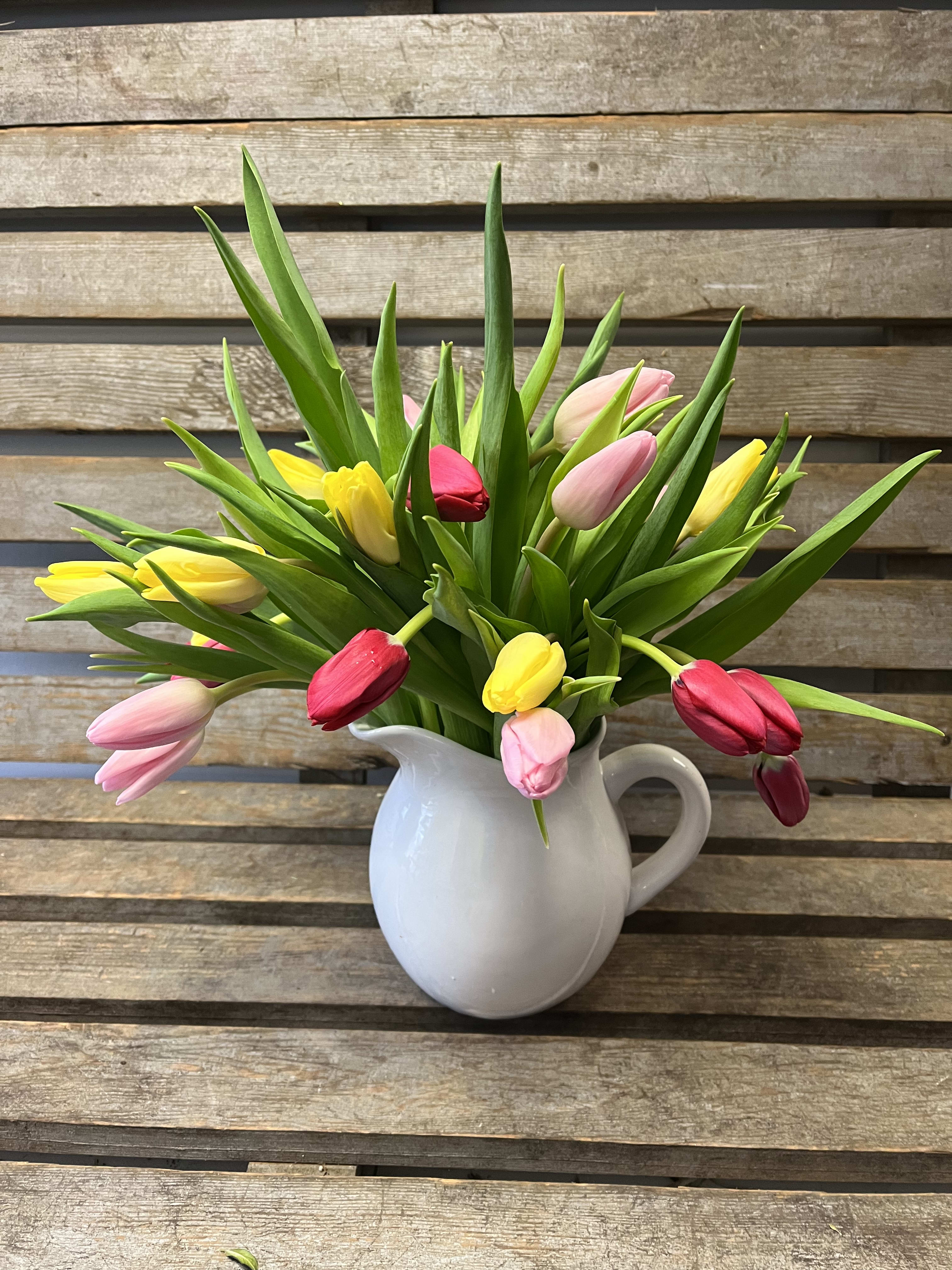 Tulip pitcher   ASST COLORS  - Asst stems of tulips fill a white ceramic pitcher. Colors vary with each arrangement 