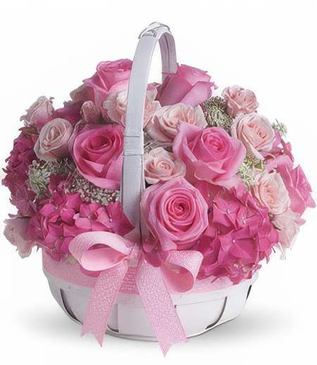 She's Darling - Your darling sweetheart will only grow more beautiful with a glowing blush of surprise and delight gracing her pretty face! Queen Anne's lace is the finishing touch on this basket brimming with fragrant pink roses and the finest fresh flowers, polished with a sweet ribbon.  Add water daily to ensure your floral arrangement stays fresh and display the flowers in a cool location away from direct sunlight.
