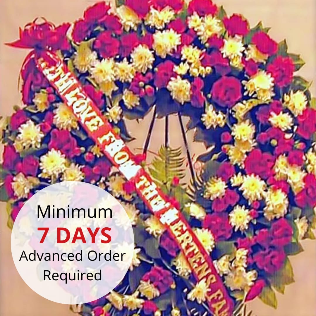 Watanabe Deluxe Enduring Grace Wreath - MINIMUM OF 7 DAYS ADVANCED NOTICE REQUIRED to ensure that the flowers can be properly staged for quality results. Compact, but full of flowers. This piece is perfect for any religious ceremony (Approx. 64&quot;W, on a 6' easel).