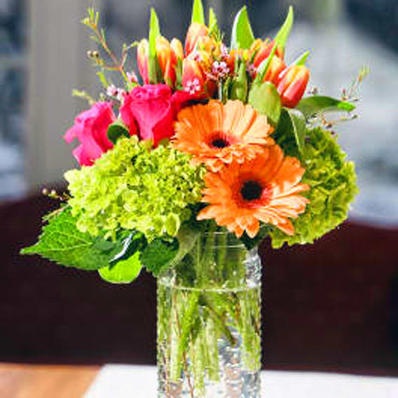 Tulip &amp; Hydrangea Bouquet - Dashing colors of orange , green and pink arrangement of Hydrangea, gerbera daisies, tulips and roses.