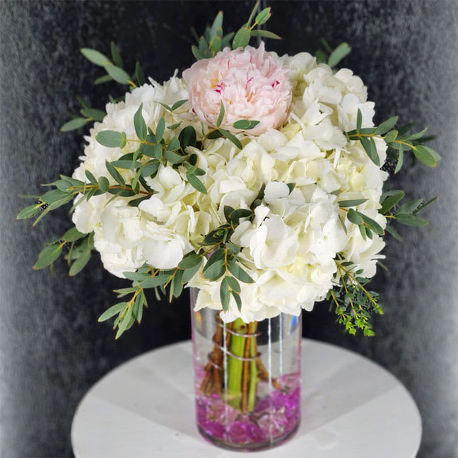 Hydrangea, Peony and Eucalyptus Vase - Timeless combination of hydrangeas and peony, adored by eucalyptus and professionally hand-arranged in the clear glass cylinder vase. Standard size is approximately 7in (W) x 13in (H), while deluxe and premium versions are larger and feature more blooms.  Standard - 1 Pink Peony, 3 White Hydrangeas and Eucalyptus | 4&quot; (W) Cylinder Vase  Deluxe - 3 Pink Peony, 3 White Hydrangeas and Eucalyptus | 4&quot; (W) Cylinder Vase  Premium - 6 Pink Peony, 4 White Hydrangeas and Eucalyptus | 6&quot; (W) Cylinder Vase  Please Note: Peony color / shade may vary as we select only the freshest imported varieties available on the day of your delivery.  Care Tips: Place your bouquet in a cool location away from direct sunlight, heating or cooling vents, drafty places, directly under ceiling fans, or on top of televisions or radiators. Check water level daily, keep the vase full with clean water. Change water every 2-3 days and apply a sharp fresh cut to the stems to ensure extended flower's life span.
