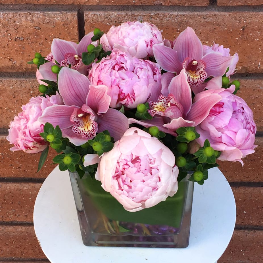 Pink Peonies and Cymbidium Orchids Cube - Two luxurious types of flowers, Peonies and Cymbidium Orchids, hand arranged with Hypericum Berries and fresh garden greens. This lovely floral arrangement is hand delivered in a clear glass cube vase with a Ti-Leaf wrapped inside of it. Standard size is approximately 9in (W) x 9in (H). Deluxe and Premium versions are larger and feature more premium blooms hand arranged in larger glass vases.  Standard (Stem Count) - 5 Pink Peonies, 4 Cymbidium Orchid Blooms, 4 Hypericum Berries and Fresh Garden Greens - 5in Cube Vase  Deluxe (Stem Count) - 7 Pink Peonies, 5 Cymbidium Orchid Blooms, 5 Hypericum Berries and Fresh Garden Greens - 6in Cube Vase  Premium (Stem Count) - 12 Pink Peonies, 10 Cymbidium Orchid Blooms, 6 Hypericum Berries and Fresh Garden Greens - 8in Cube Vase  Please Note: Peony and Cymbidium Orchid color/shade may vary, ranging from soft to hot pink.  Care Tips: Place your bouquet in a cool location. Don't put the arrangement in direct sunlight, near heating or cooling vents, in drafty places, directly under ceiling fans, or on top of televisions or radiators. Check water level daily, keep the vase filled with water. Change water every 2-3 days and apply a sharp fresh cut to the stems. This process will ensure extended flower's life span.
