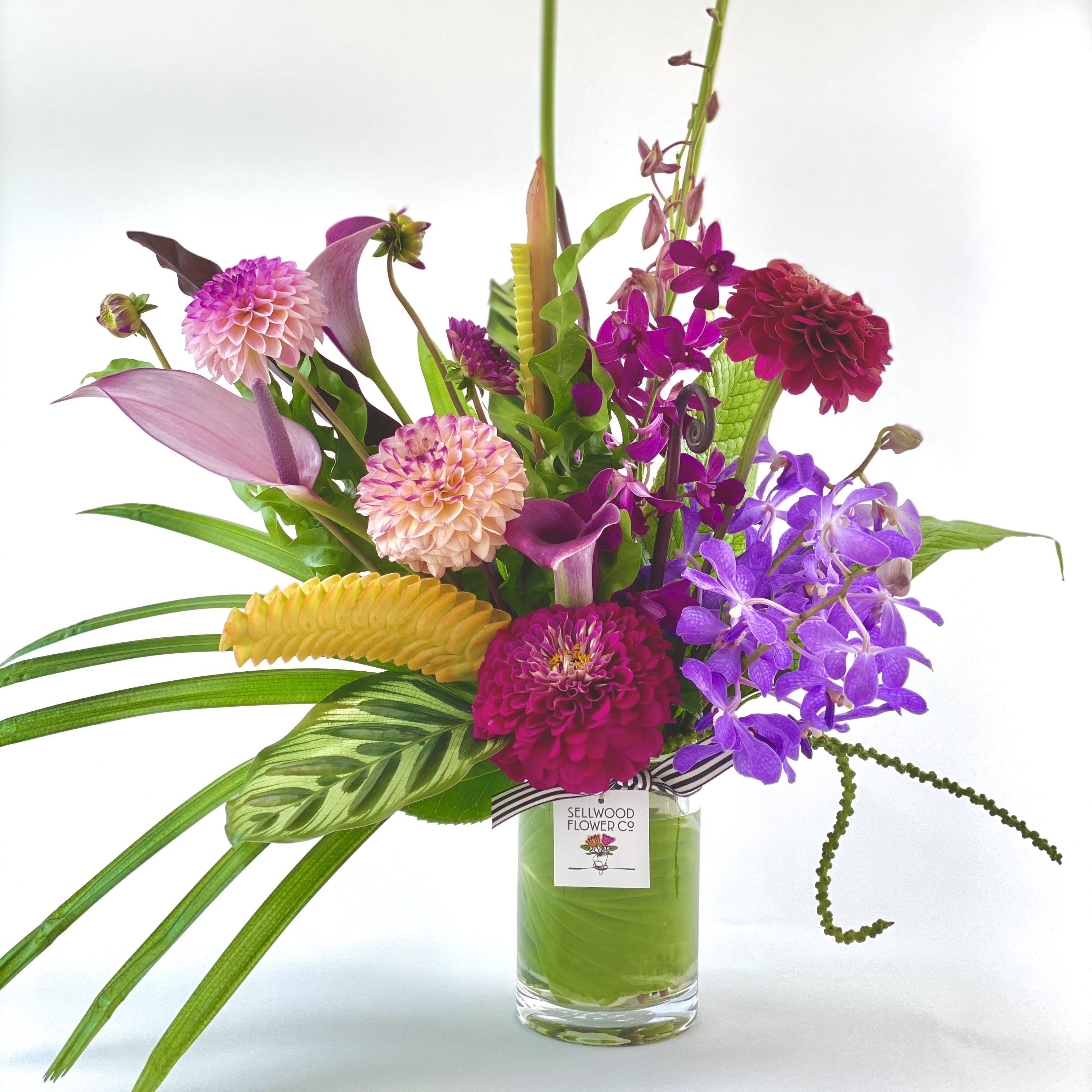Day Dreaming Of Hawaii - A colorful assortment of tropical flowers from the gardens in Hilo, Hawaii artfully arranged in a clear cylinder finished with our house ribbon.  
