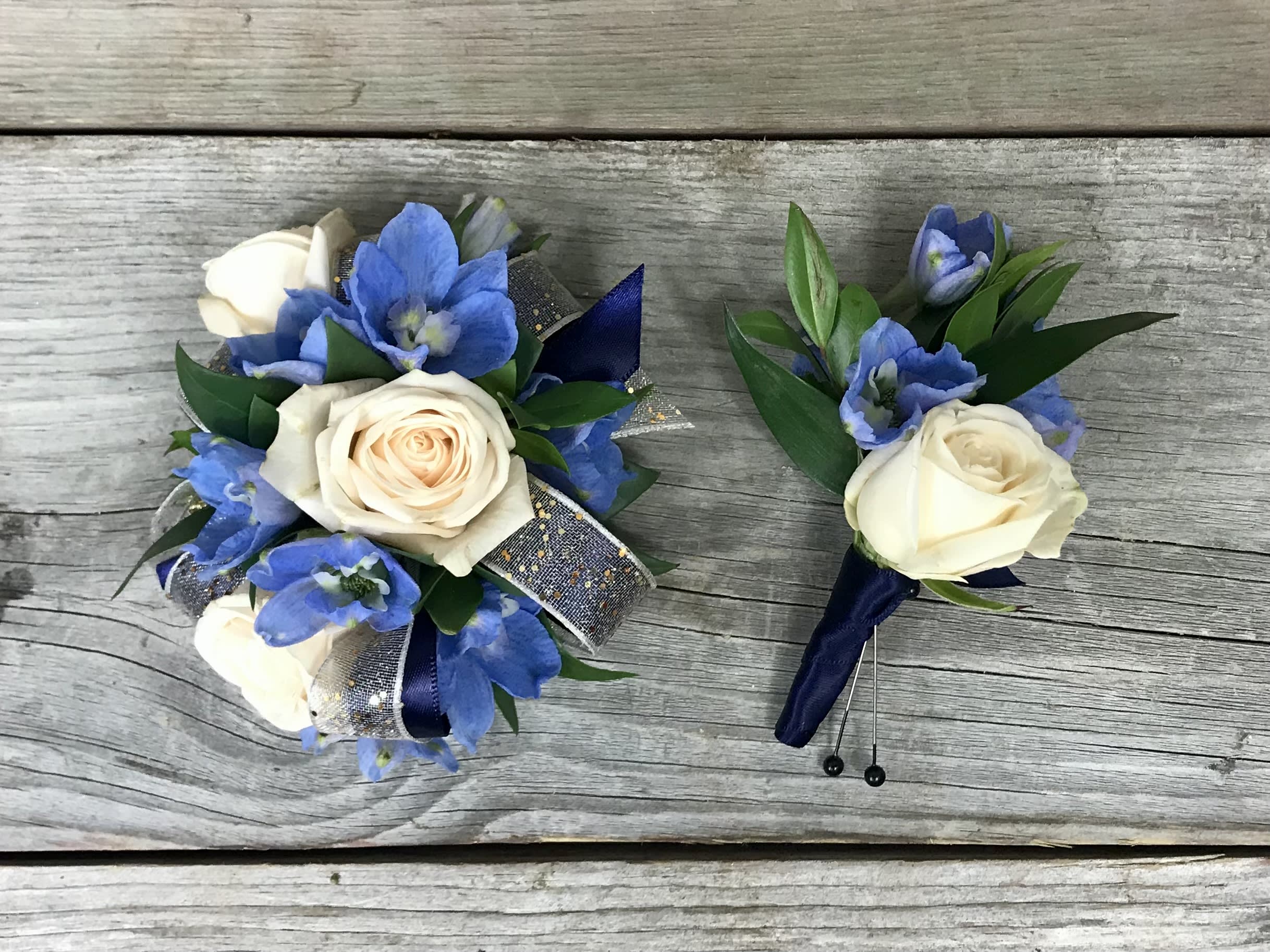 Blissfully Blue Corsage Set in Woodbury MN Sweet Peas Floral