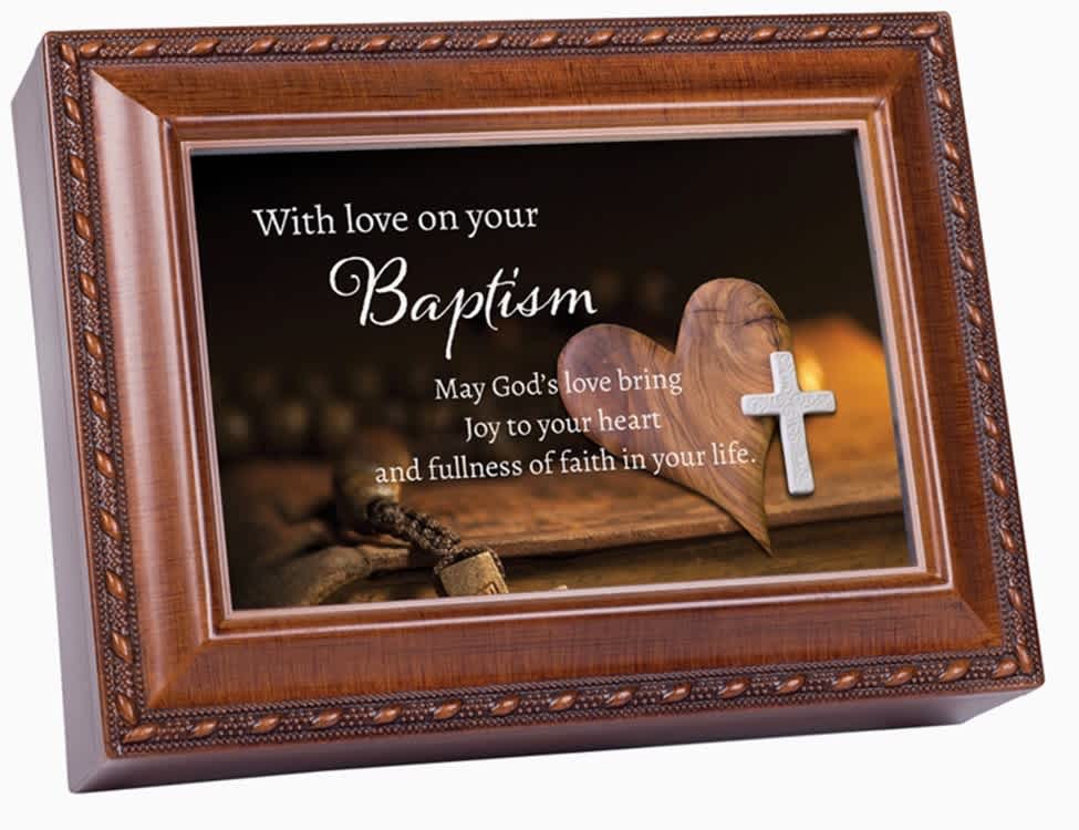 Baptism - Music Box With Hinged Lid Designed With 6 x 4 Photo Opening With Embossed Rope Trim Detail. Jewelry Box Measures Approximately 8 x 6 x 2.5 Inches; Replace Artwork With 6 x 4 Inch Personal Photo. Black Velvet Lined Interior Cushions Your Precious Treasures; Decorative Bun Feet Are Padded To Protect Surfaces. Traditional Wind-Up Mechanism Engages Music; Plays: Amazing Grace.
