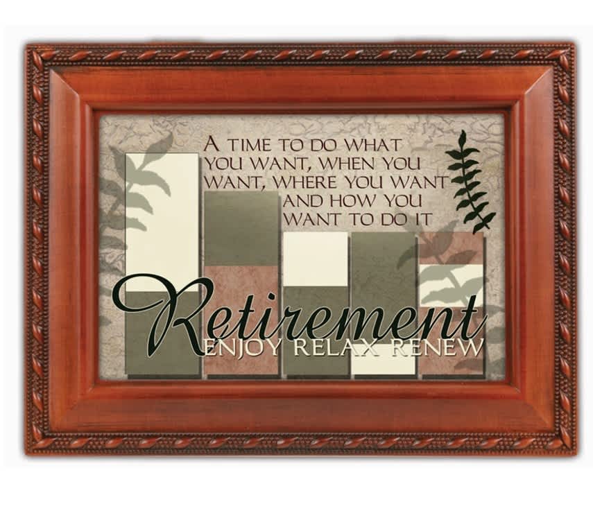 &quot;Retirement&quot; Music Box - This is our inspirational, encouraging, bereavement, and some religious music boxes. Wide array of song choices and box styles.  These all have the capability of being personalized, in that the consumer can replace the print with a photo of their choice.