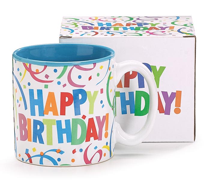 Colourful Happy Birthday Mug - Dishwasher safe/FDA approved/Microwave safe. White mug with blue interior and &quot;Happy Birthday&quot; message in multi-color letters and confetti decal design all around. Each mug individually gift boxed. Made of ceramic with decal design. 4&quot; H x 4 1/4&quot; W x 4 1/4&quot; D Holds 13 oz