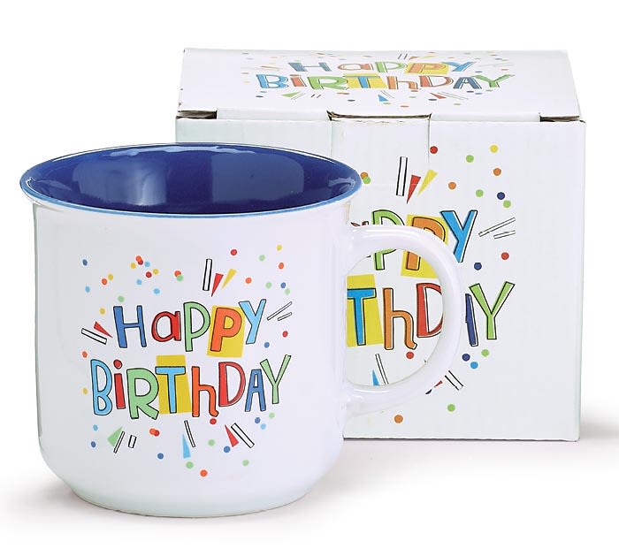 Happy Birthday Mug with Confetti - Dishwasher safe/FDA approved/Microwave safe. Ceramic Happy Birthday mug with confetti surrounding the message. Interior is blue and handle is white.  3.75&quot;H x 5.25&quot;W x 3.75&quot;D. 3.75&quot;Opening. Capacity: 14 oz.