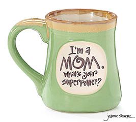 I'm a Mom - What's your super power? - Dishwasher safe/FDA approved/Microwave safe. Hand-painted porcelain lime green mug with taupe rim/top of handle. Raised cream message area on front with &quot;I'm a MOM. What's Your Superpower?&quot;  4 3/4&quot;H X 3&quot;Opening and holds 18oz.